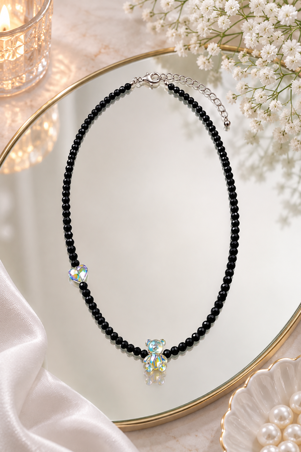 Cute Black Beaded Teddy Bear Necklace with Heart Charm