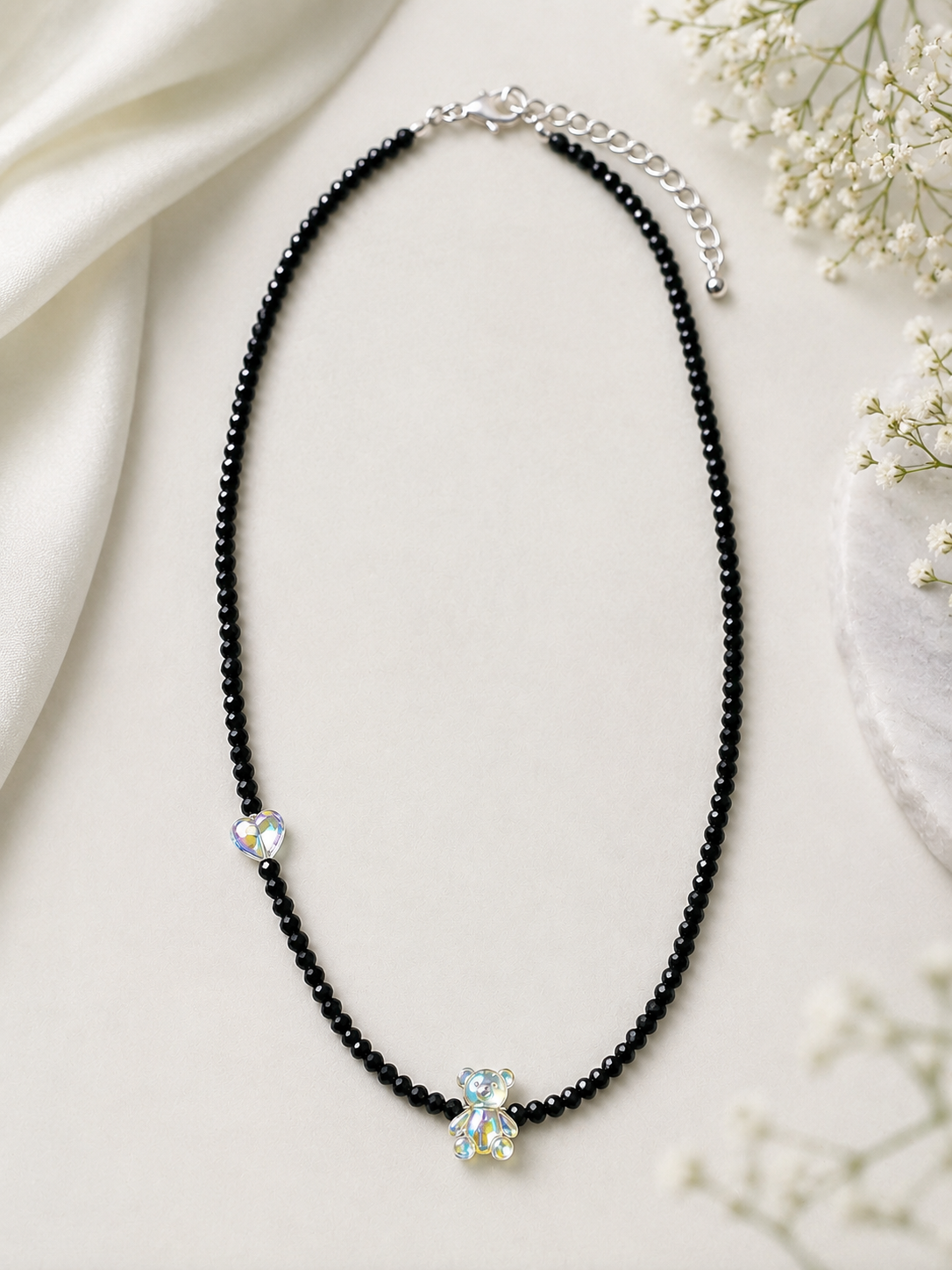 Cute Black Beaded Teddy Bear Necklace with Heart Charm