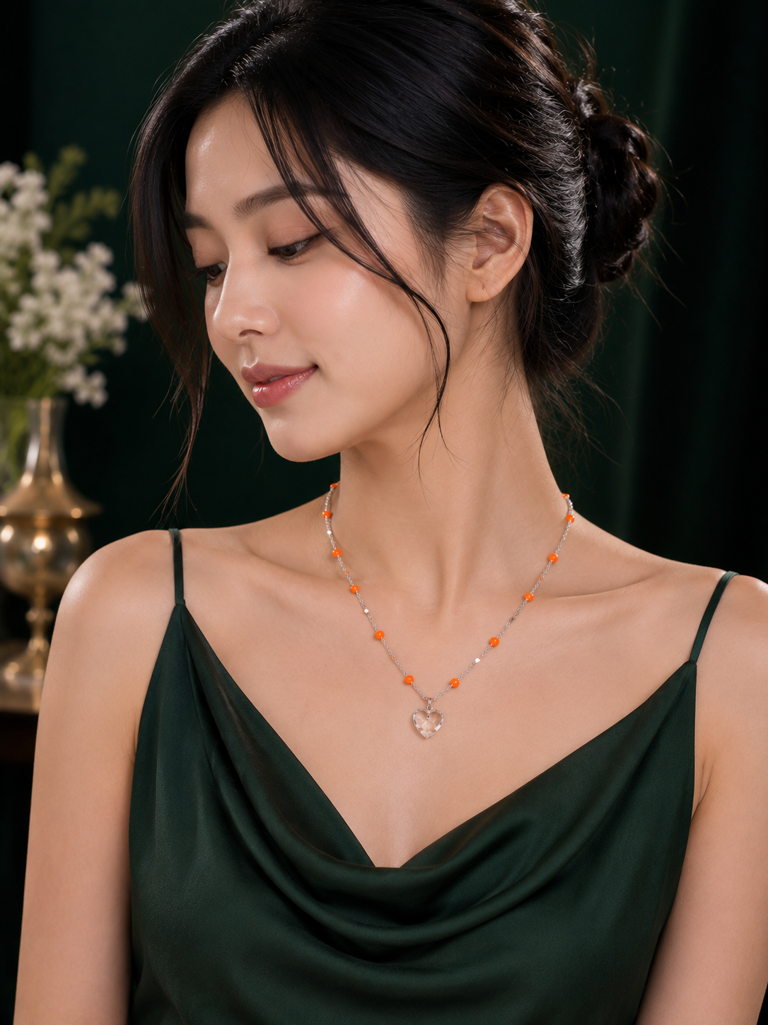 Orange Beaded Silver Chain Necklace with Heart Pendant