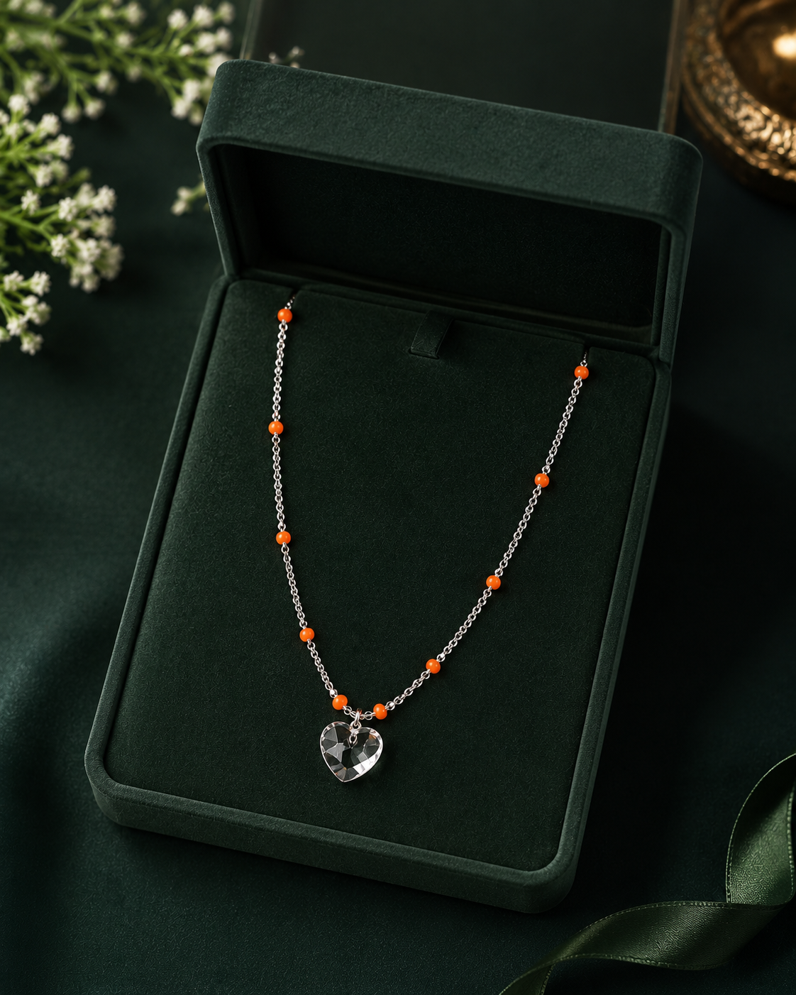 Orange Beaded Silver Chain Necklace with Heart Pendant
