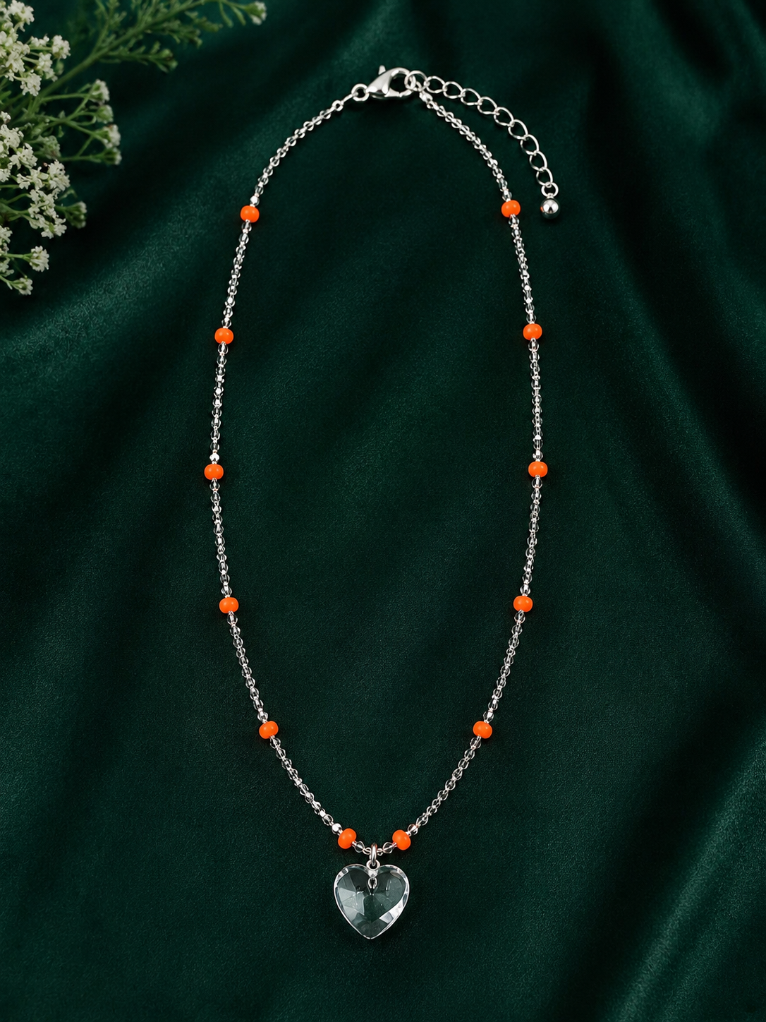Orange Beaded Silver Chain Necklace with Heart Pendant