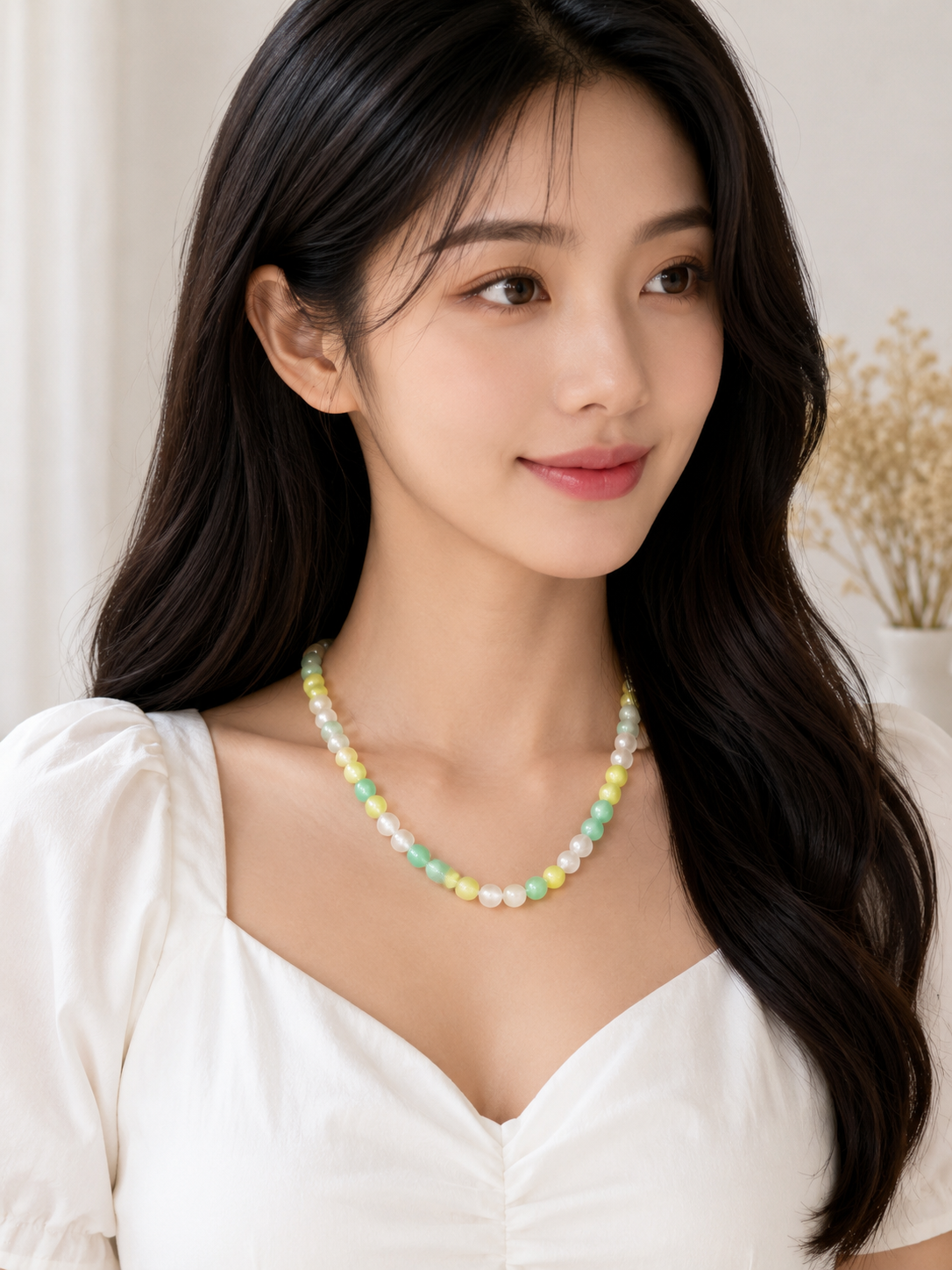 Pastel Green Yellow & White Beaded Necklace