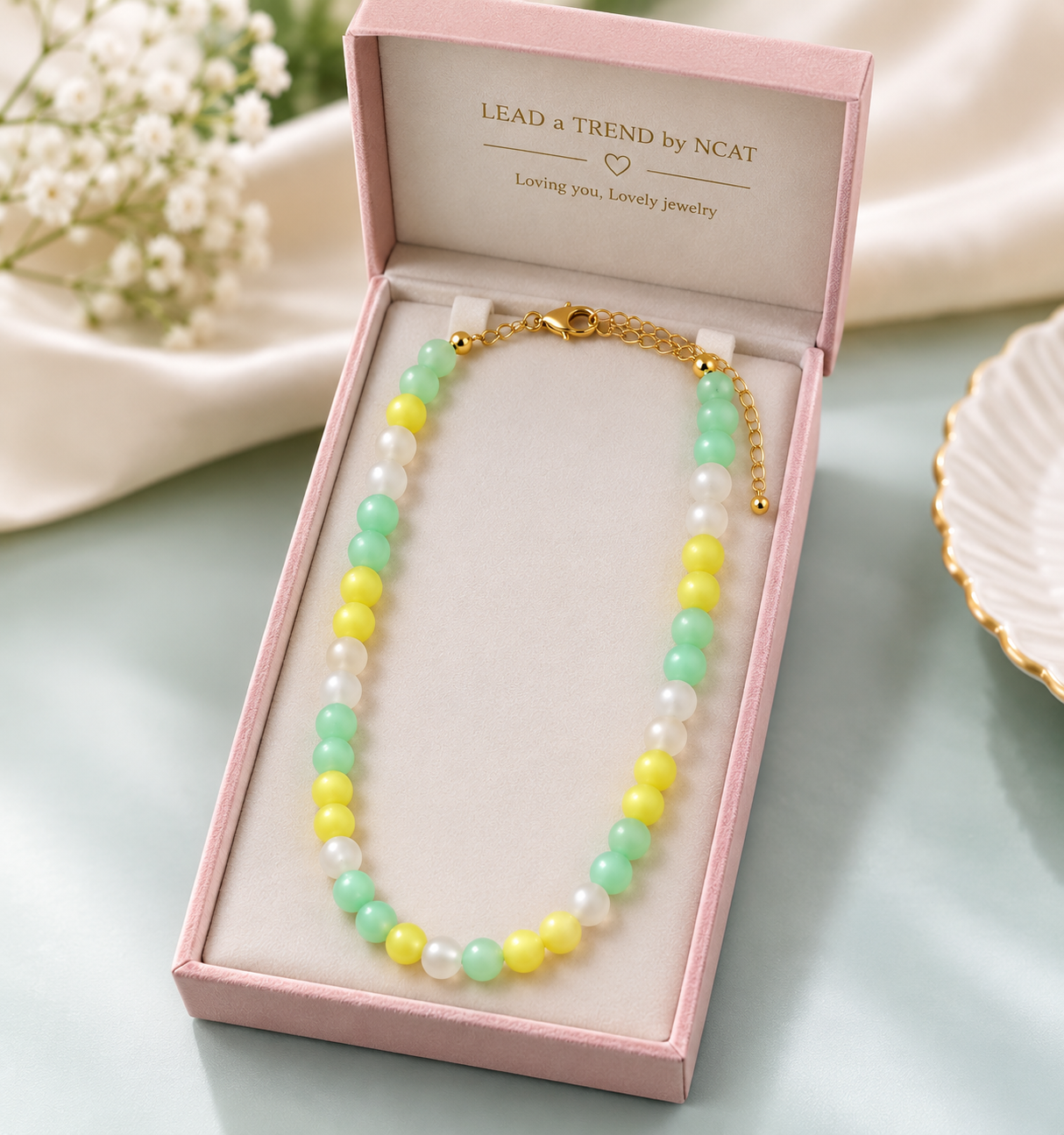 Pastel Green Yellow & White Beaded Necklace