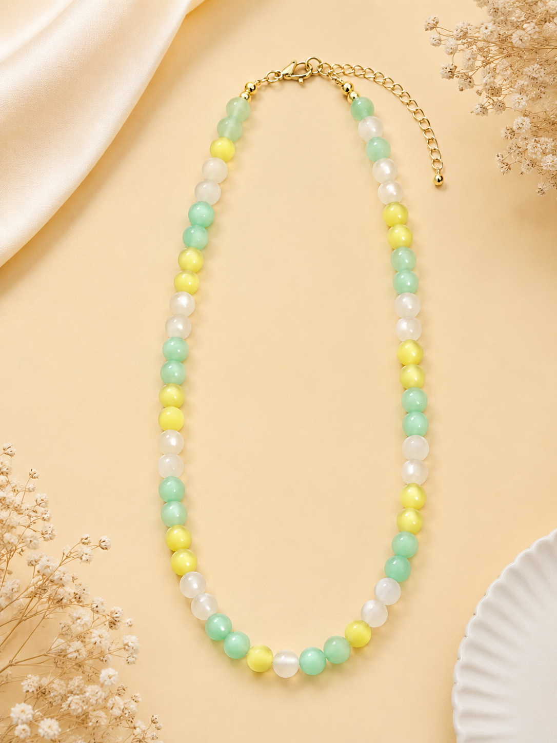 Pastel Green Yellow & White Beaded Necklace