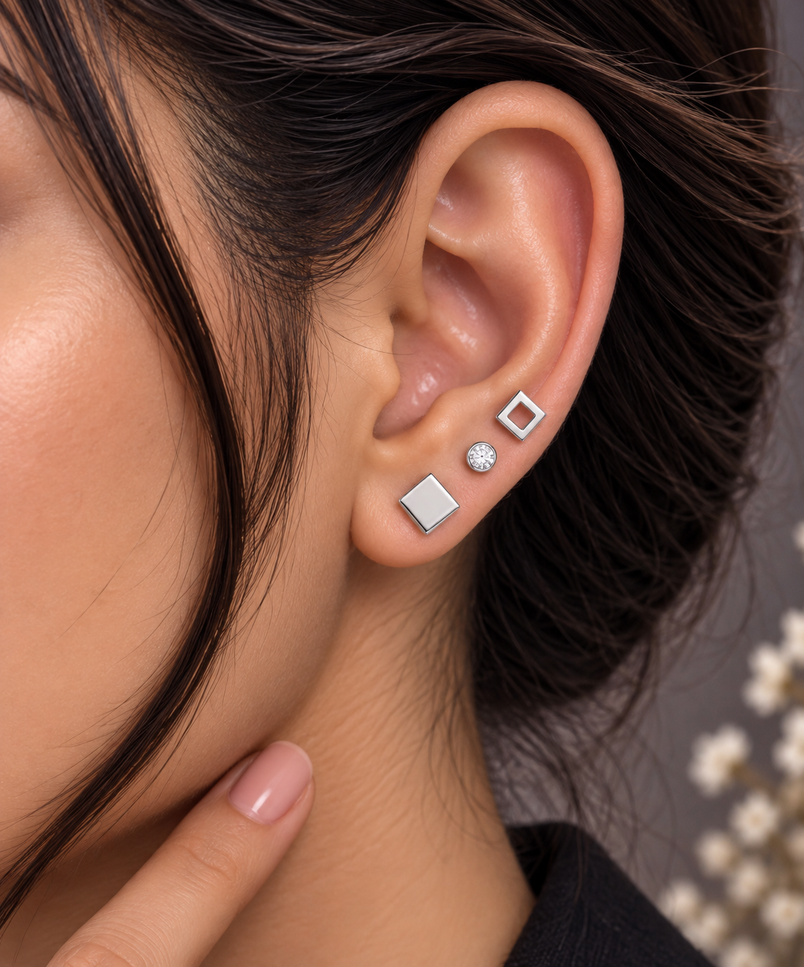 Silver Geometric Ear Piercing Set