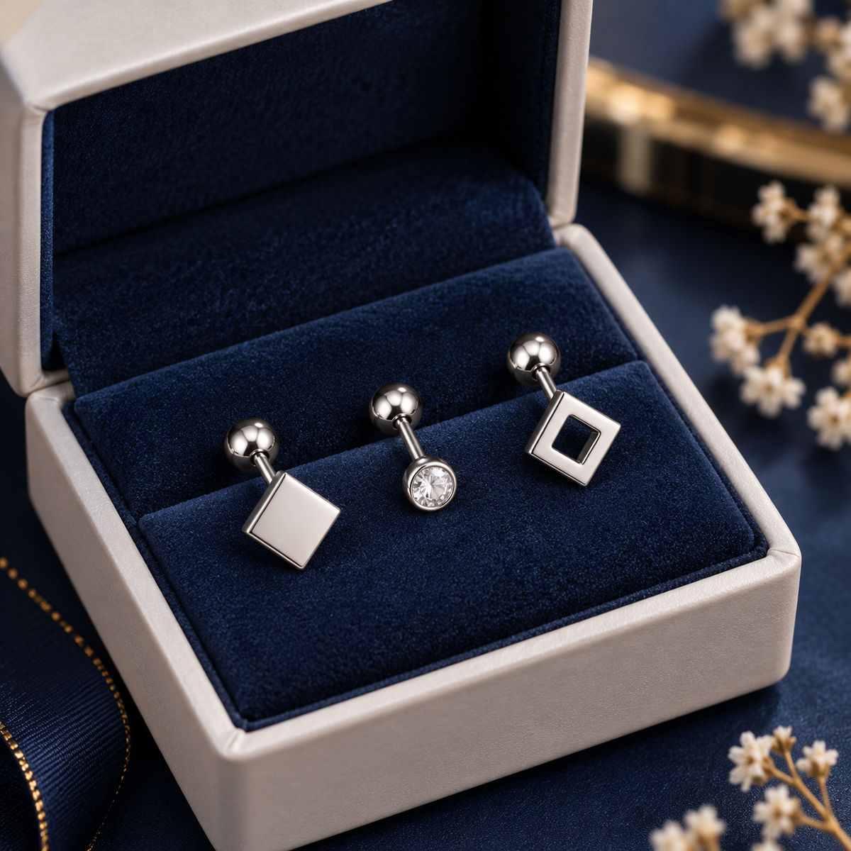 Silver Geometric Ear Piercing Set