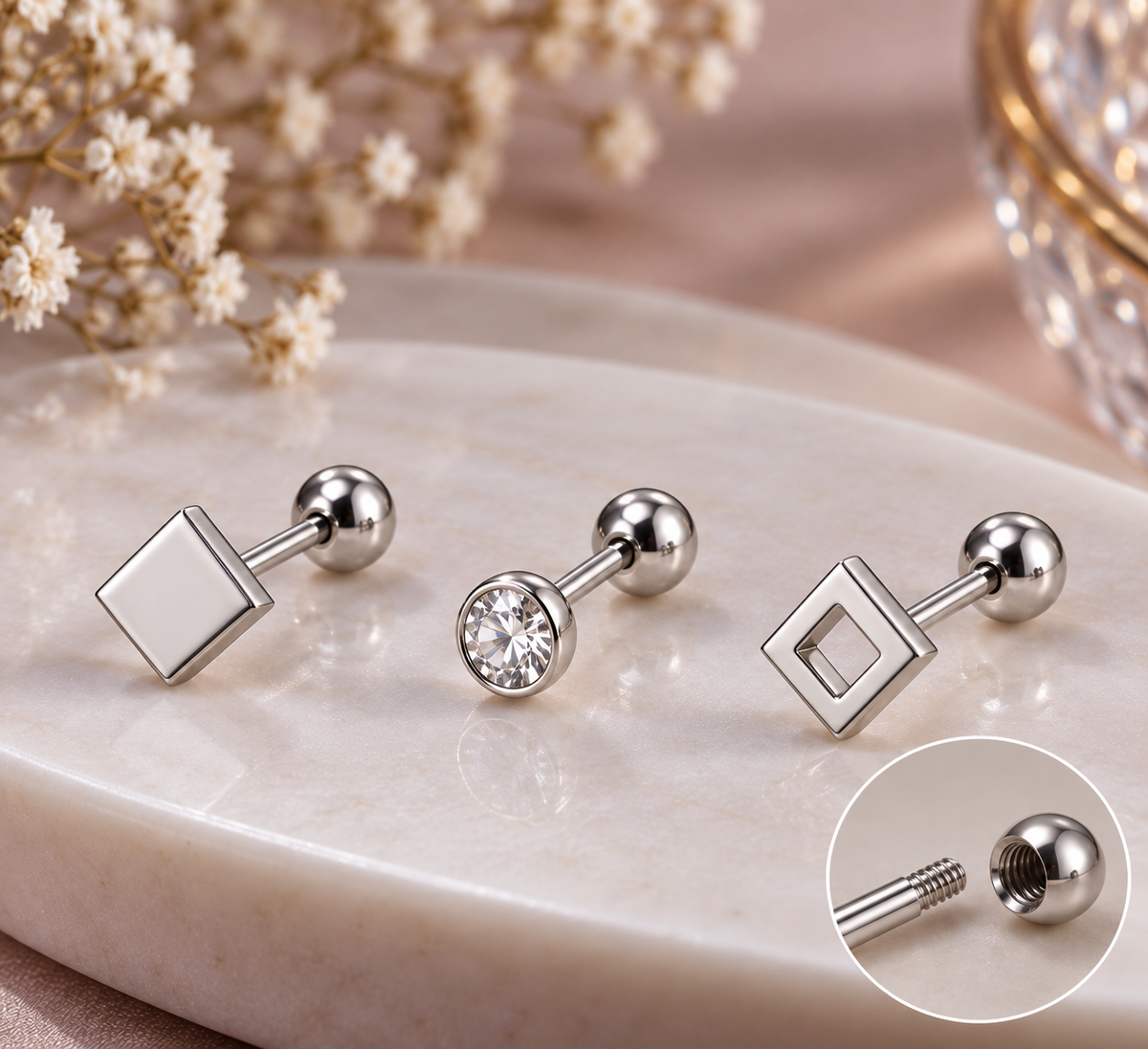 Silver Geometric Ear Piercing Set