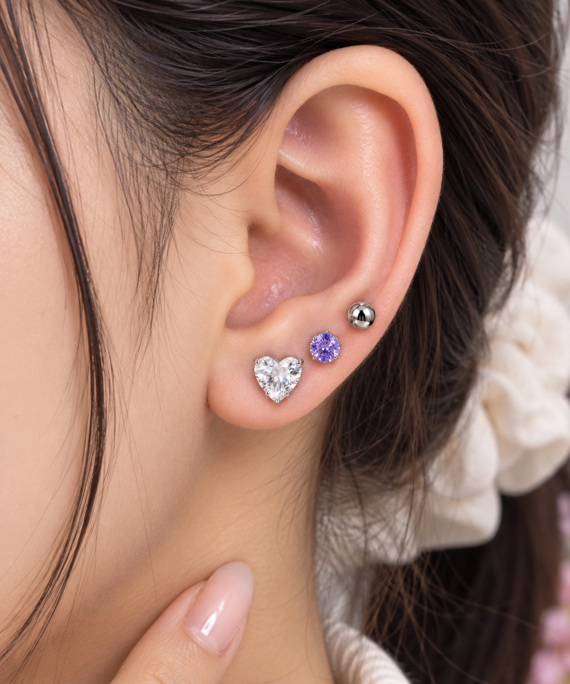Heart & Purple Stone Ear Piercing Set