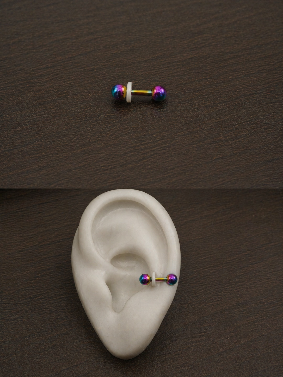 Rainbow Double Ball Barbell piercing