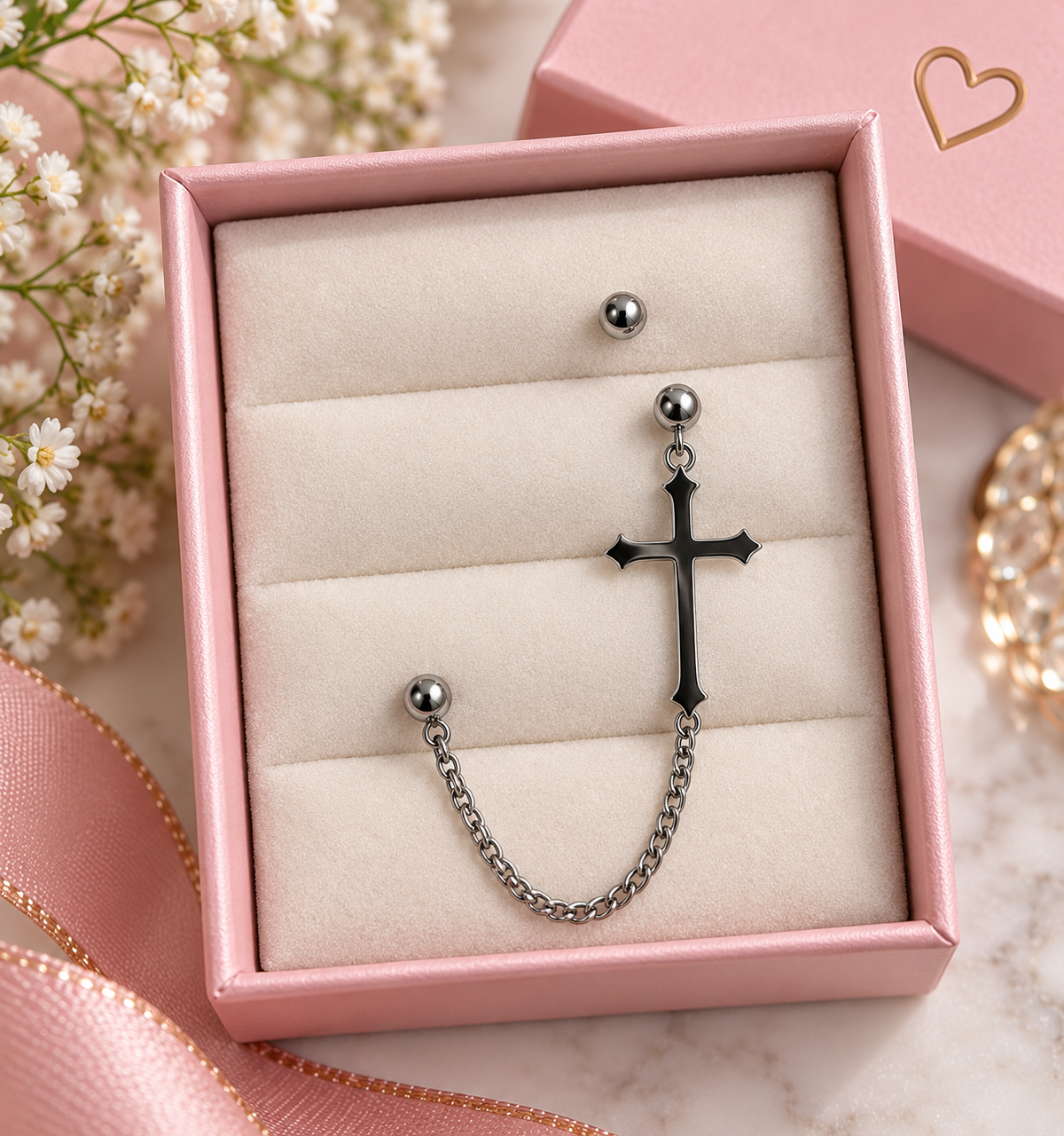 Silver Cross Chain Ear Piercing