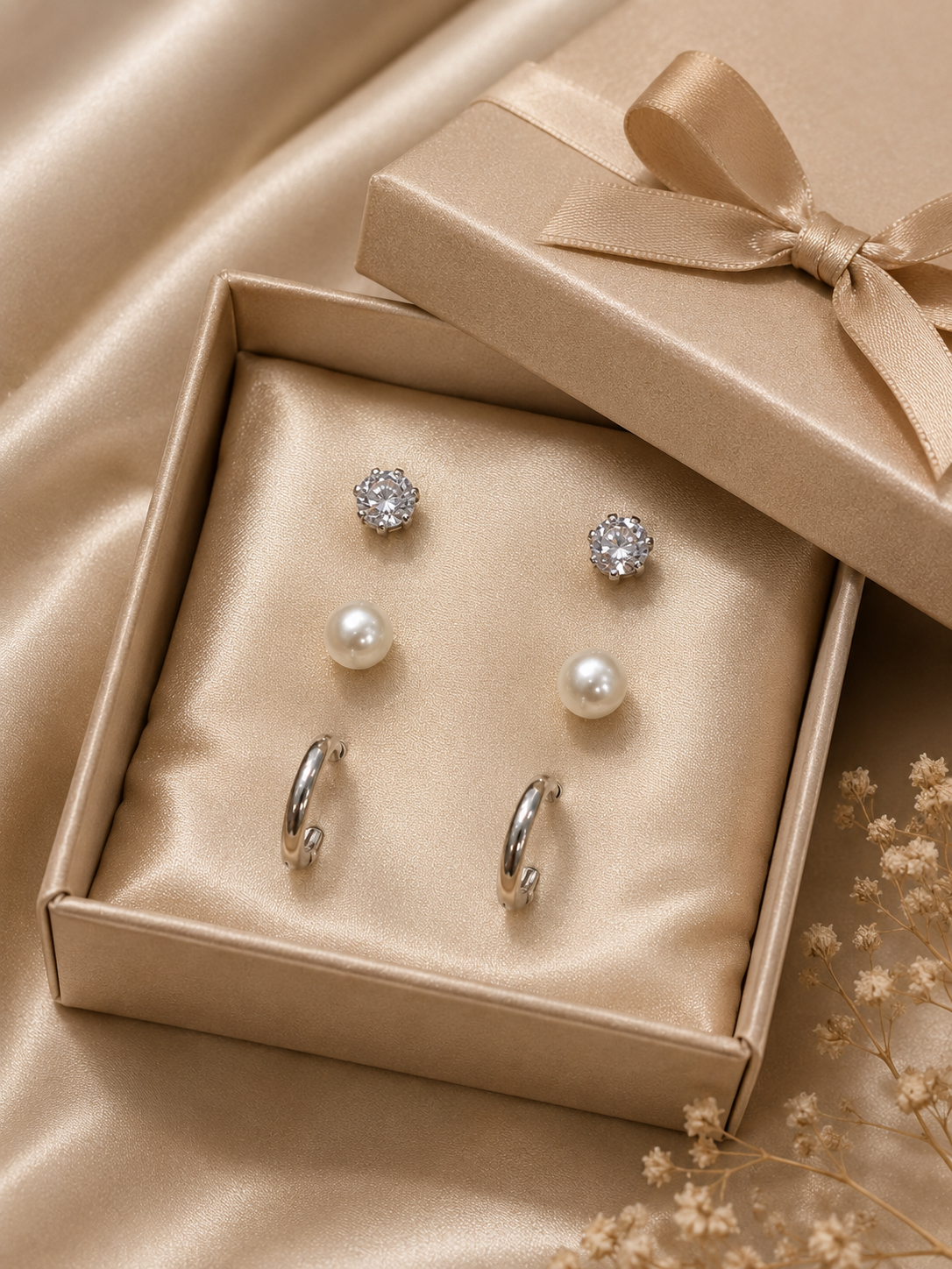 Silver-Tone 3-Pair Crystal, Pearl & Hoop Earrings Set