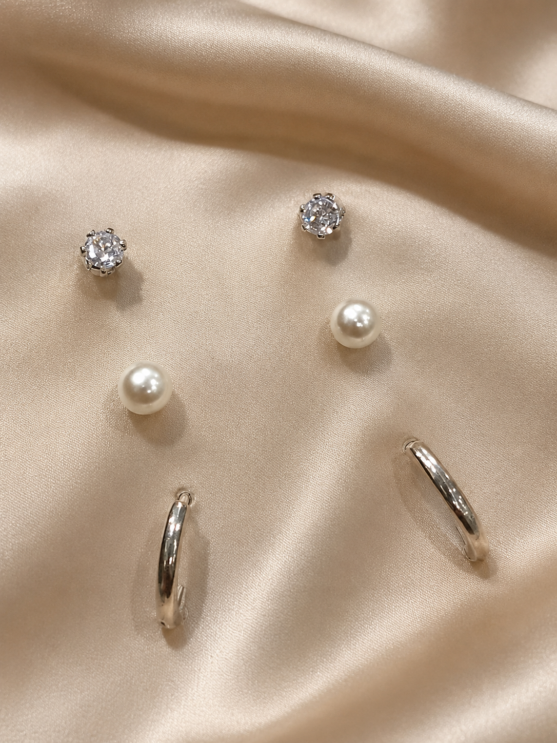 Silver-Tone 3-Pair Crystal, Pearl & Hoop Earrings Set