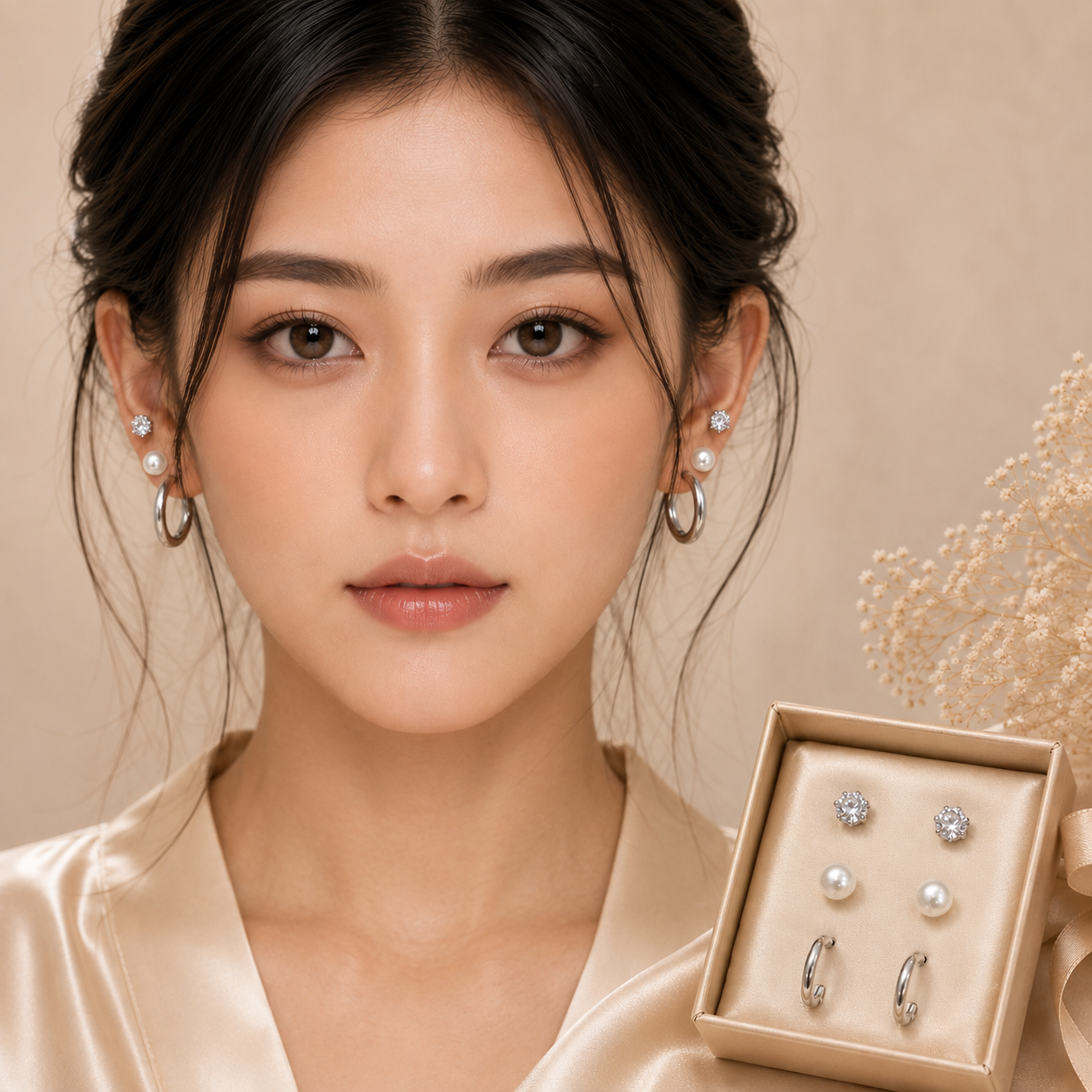 Silver-Tone 3-Pair Crystal, Pearl & Hoop Earrings Set