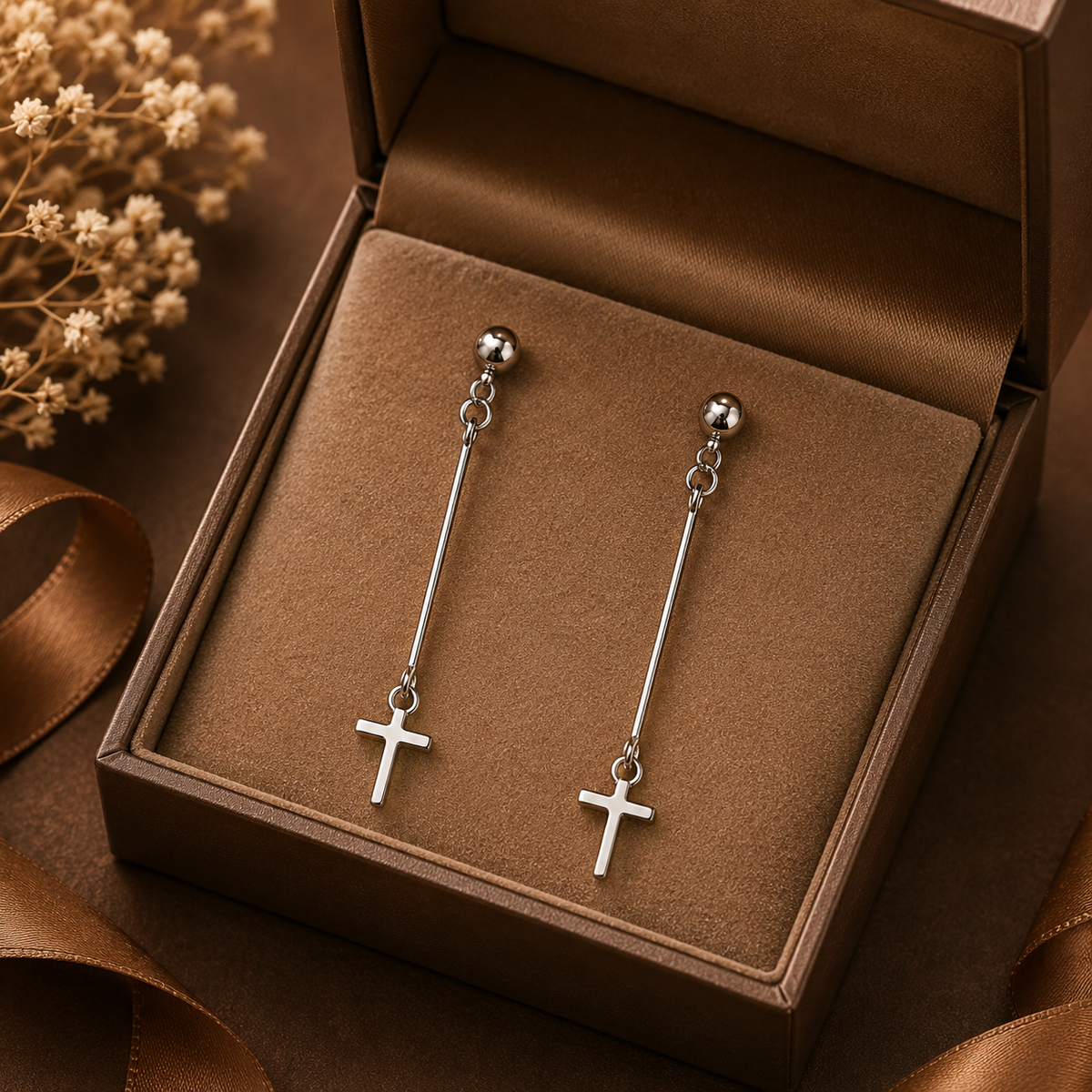 Silver-Tone Cross Long Drop Earrings
