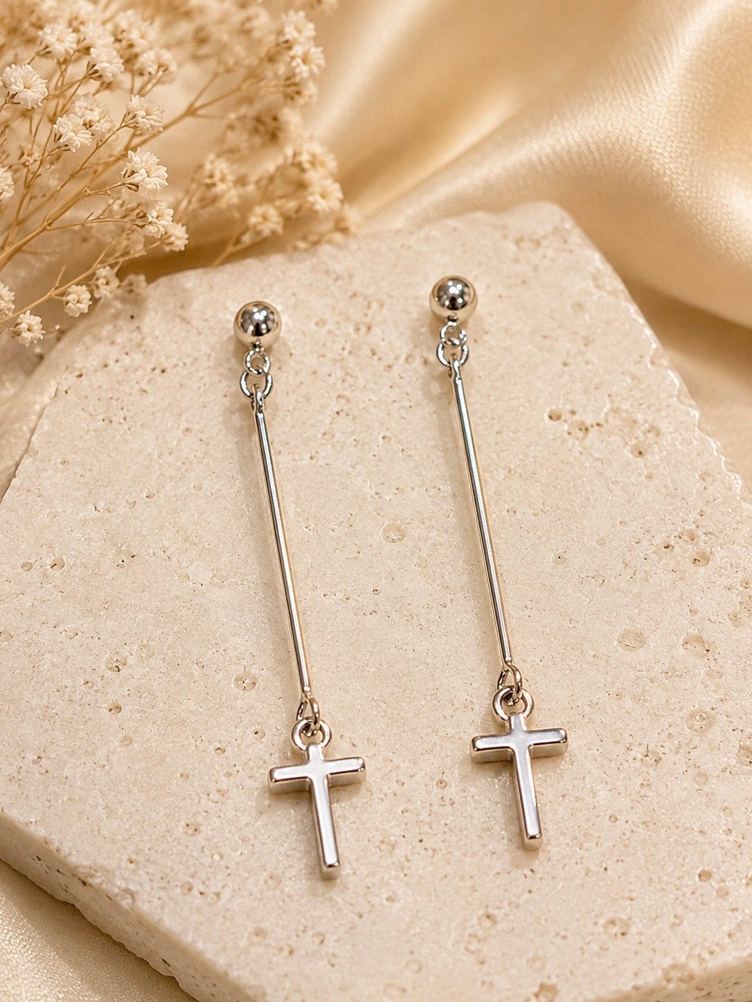 Silver-Tone Cross Long Drop Earrings