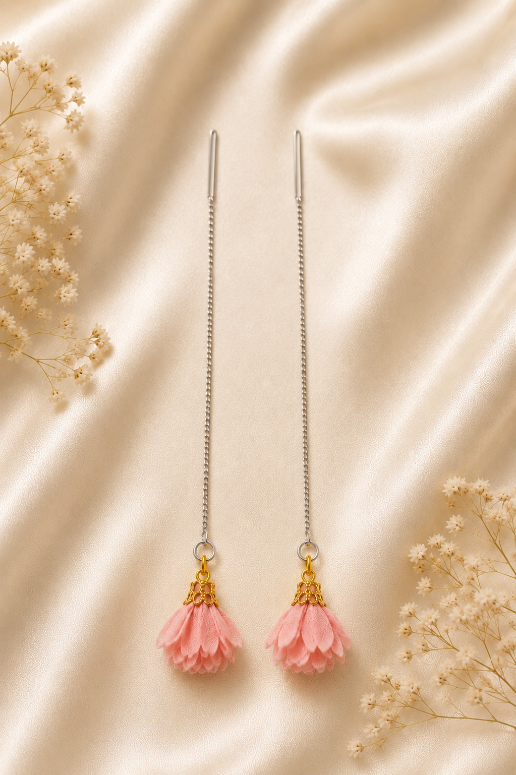 Pink Floral Threader Earrings | Long Chain Drop Earrings for Women