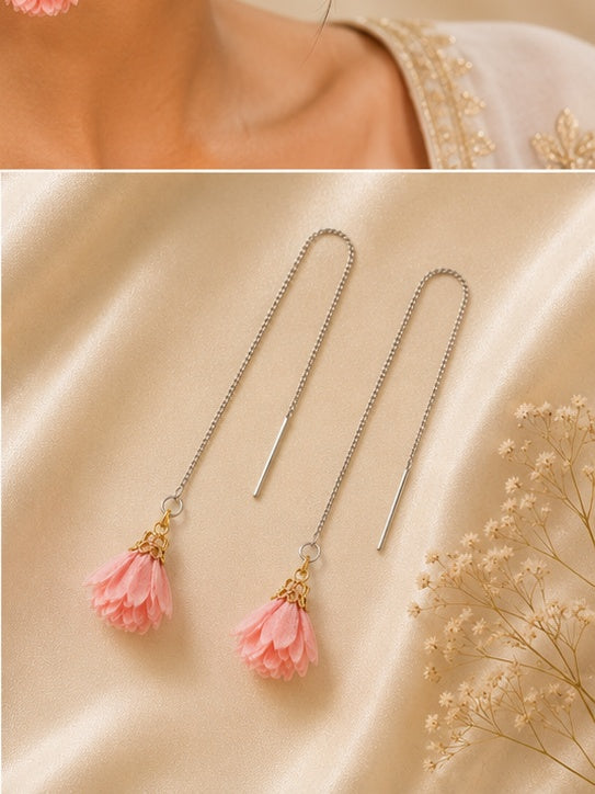 Pink Floral Threader Earrings | Long Chain Drop Earrings for Women