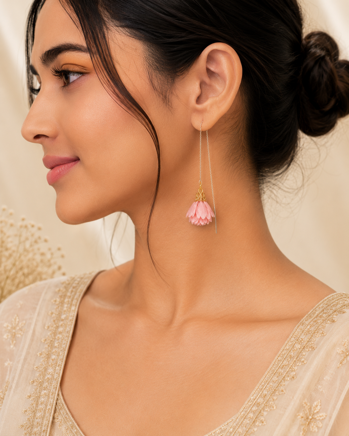 Pink Floral Threader Earrings | Long Chain Drop Earrings for Women