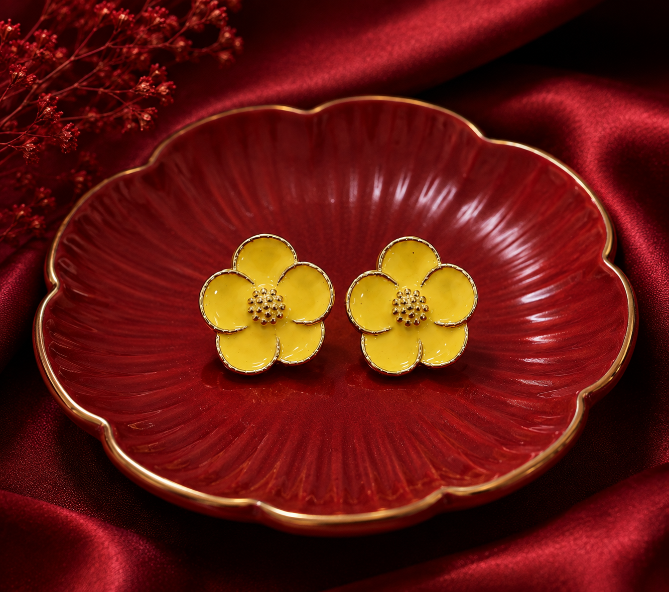 Yellow Enamel Flower Stud Earrings