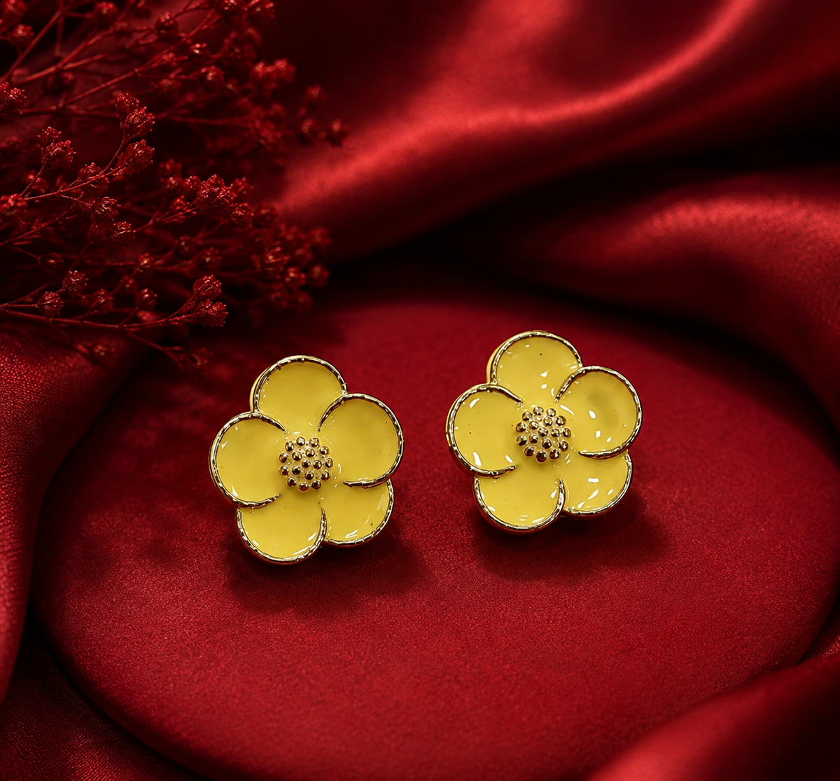 Yellow Enamel Flower Stud Earrings