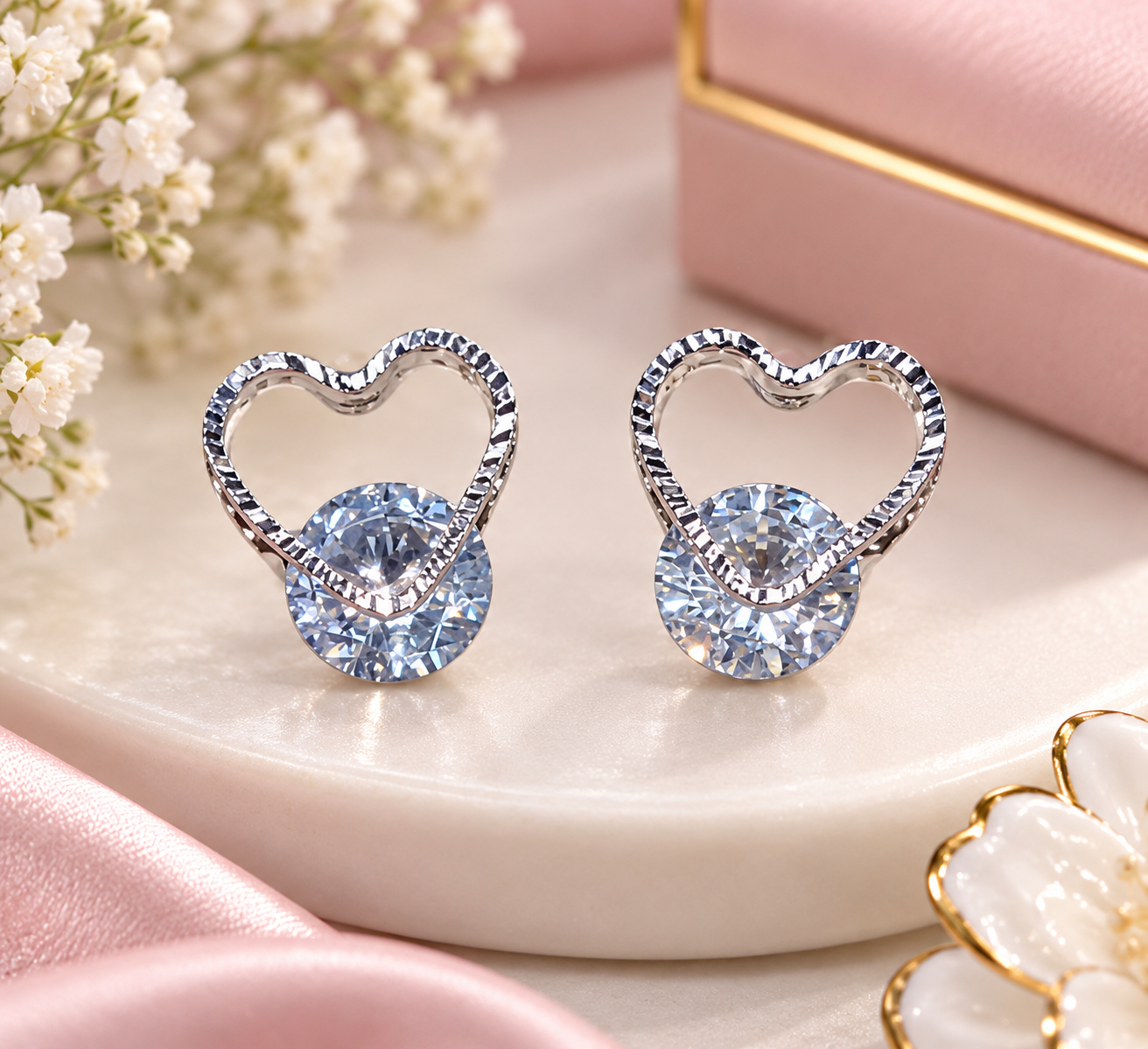 Crystal Heart Silver Stud Earrings