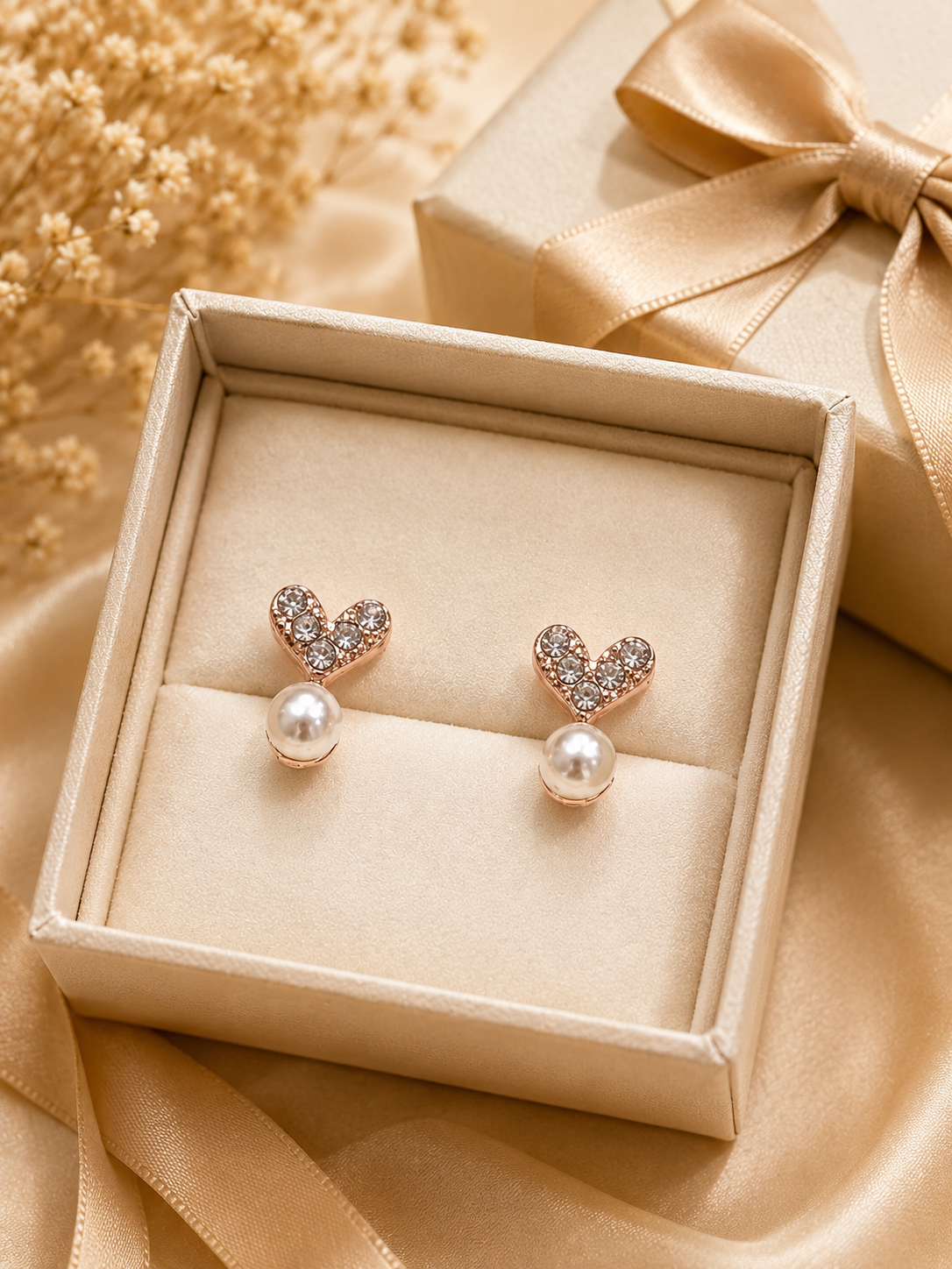 Rose Gold Heart Pearl Stud Earrings