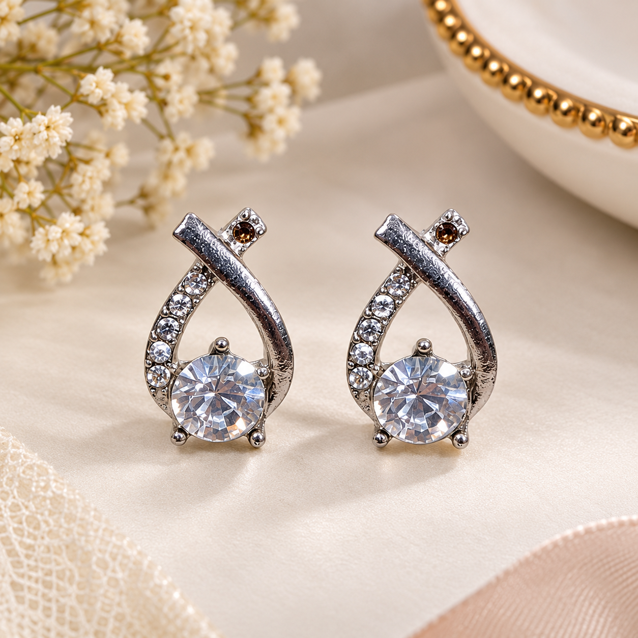 Crystal Teardrop Silver Stud Earrings