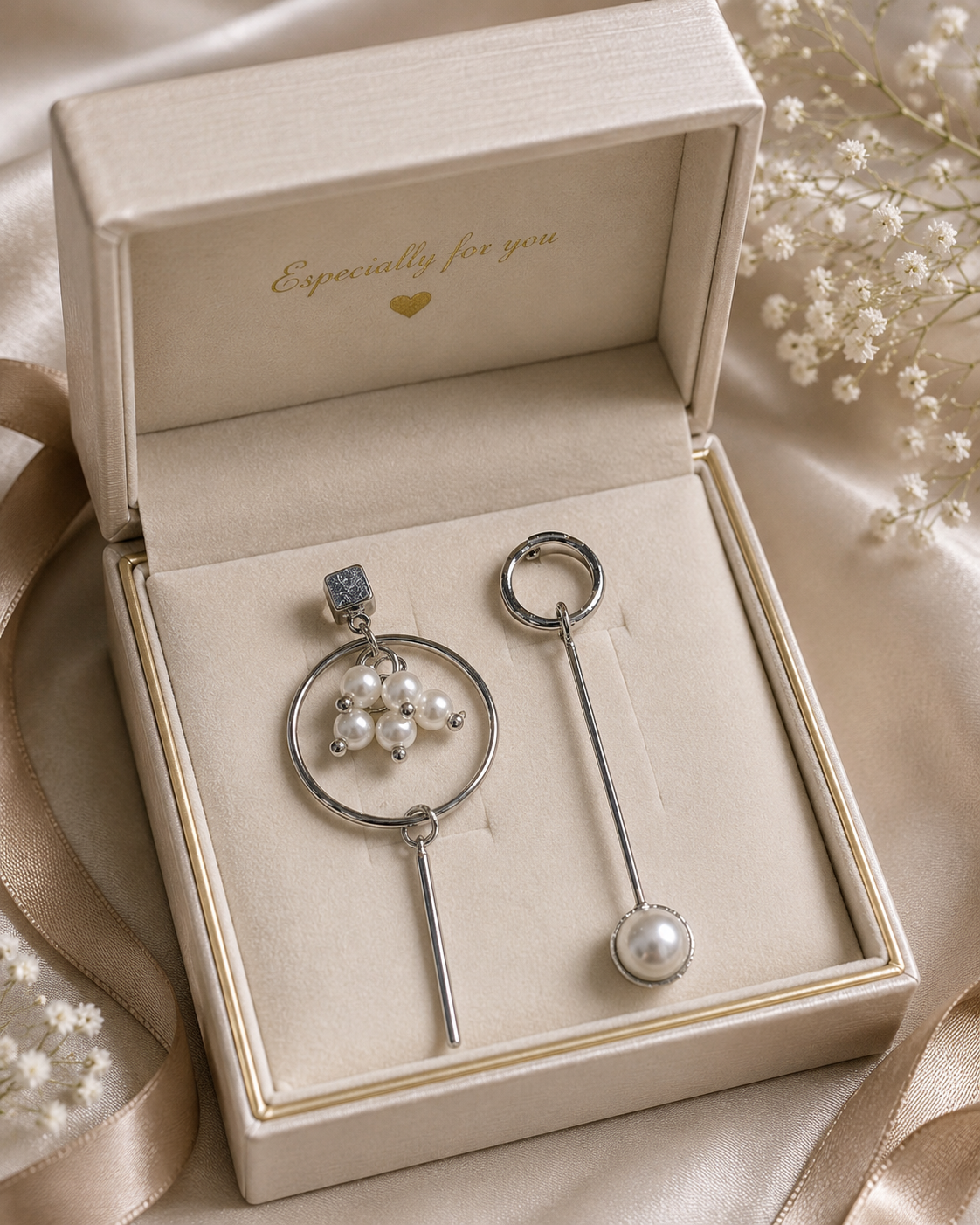 Mismatched Pearl Silver Drop Earrings