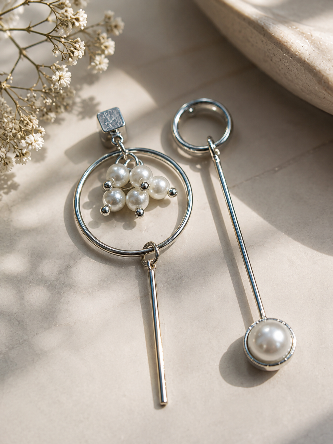 Mismatched Pearl Silver Drop Earrings