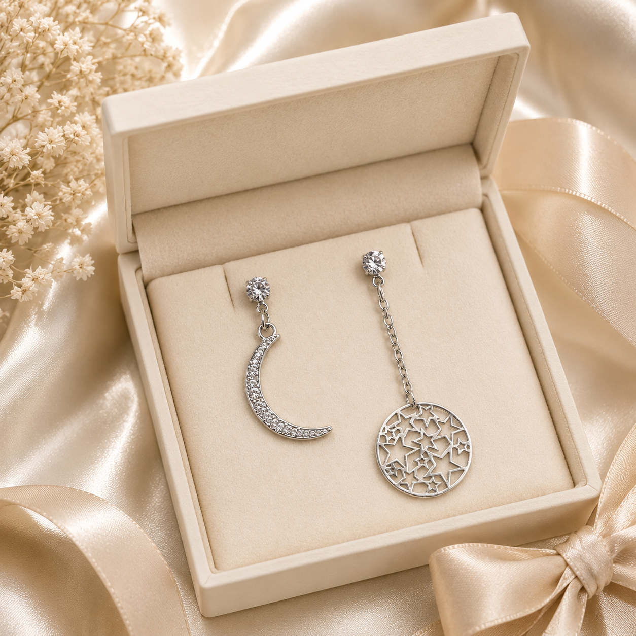 Silver Moon Star Mismatched Earrings