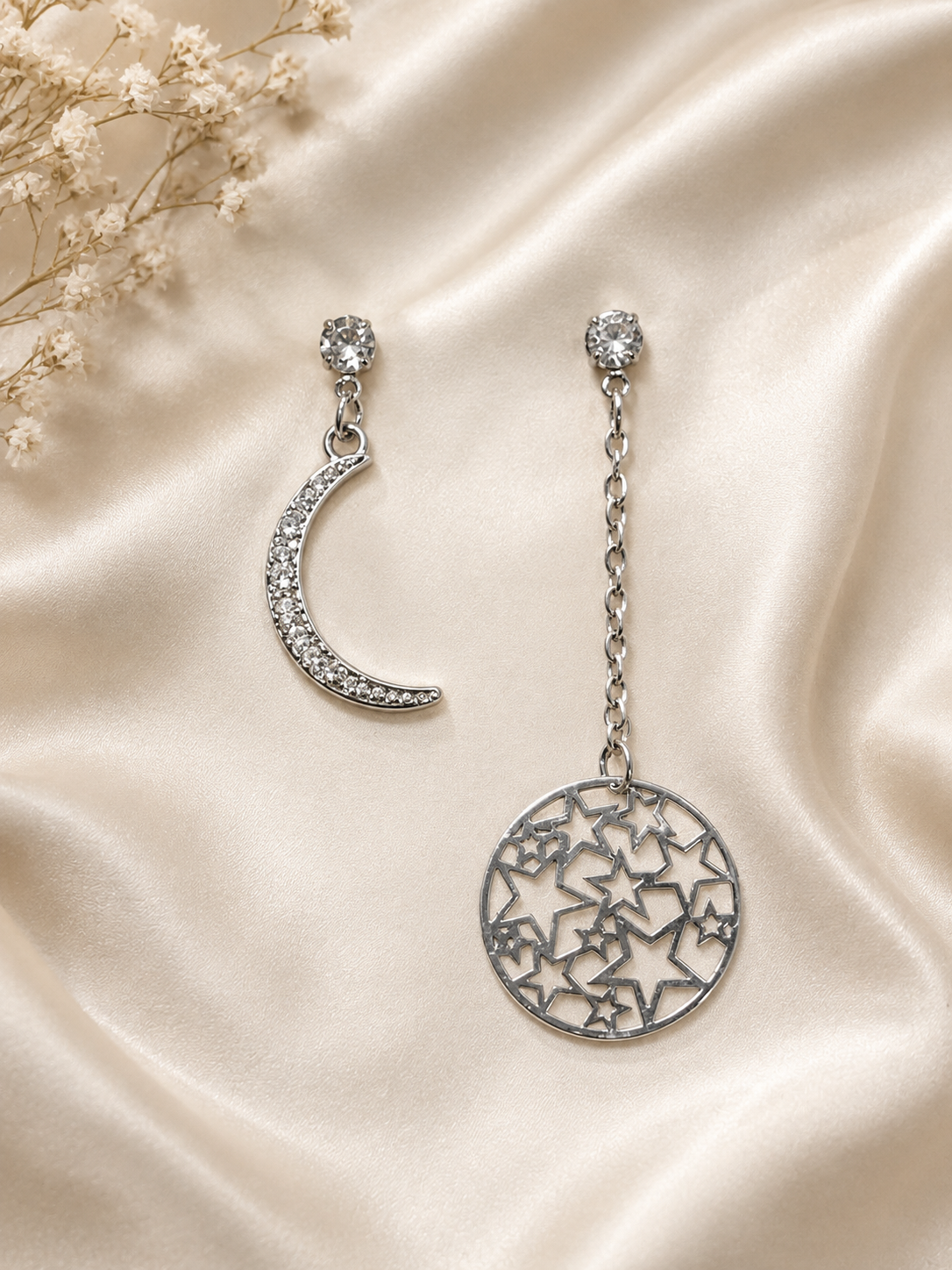 Silver Moon Star Mismatched Earrings