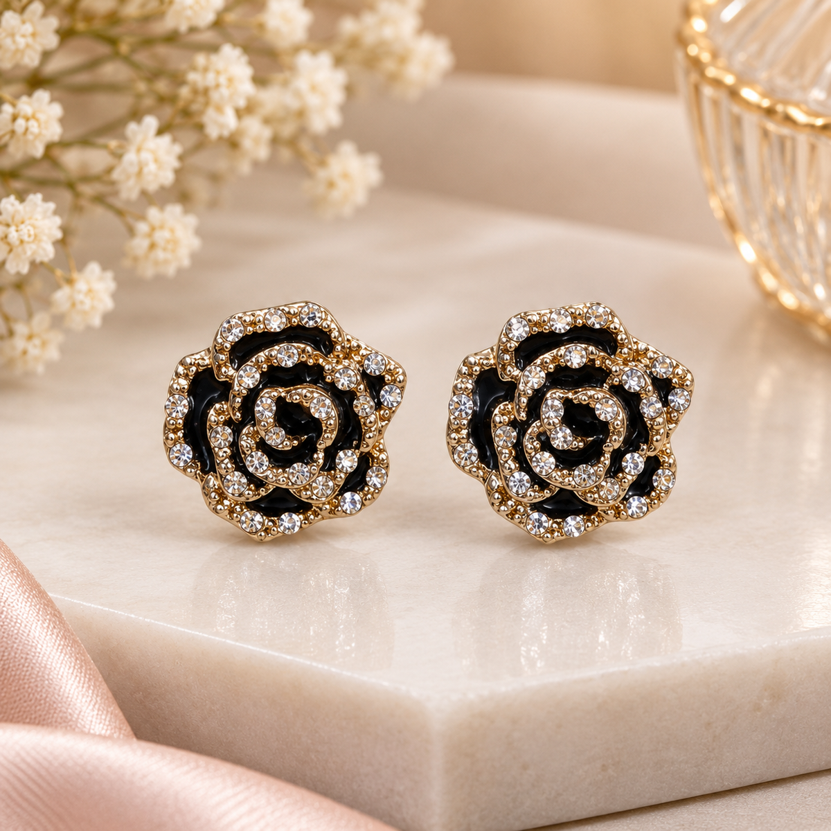 Black Rose Crystal Stud Earrings