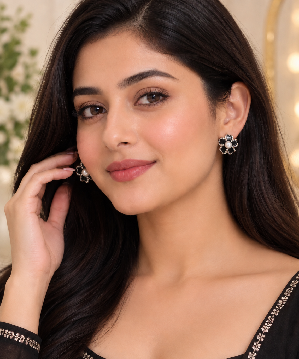 Black Pearl Floral Stud Earrings