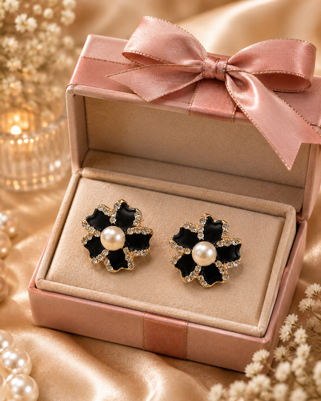 Black Pearl Floral Stud Earrings