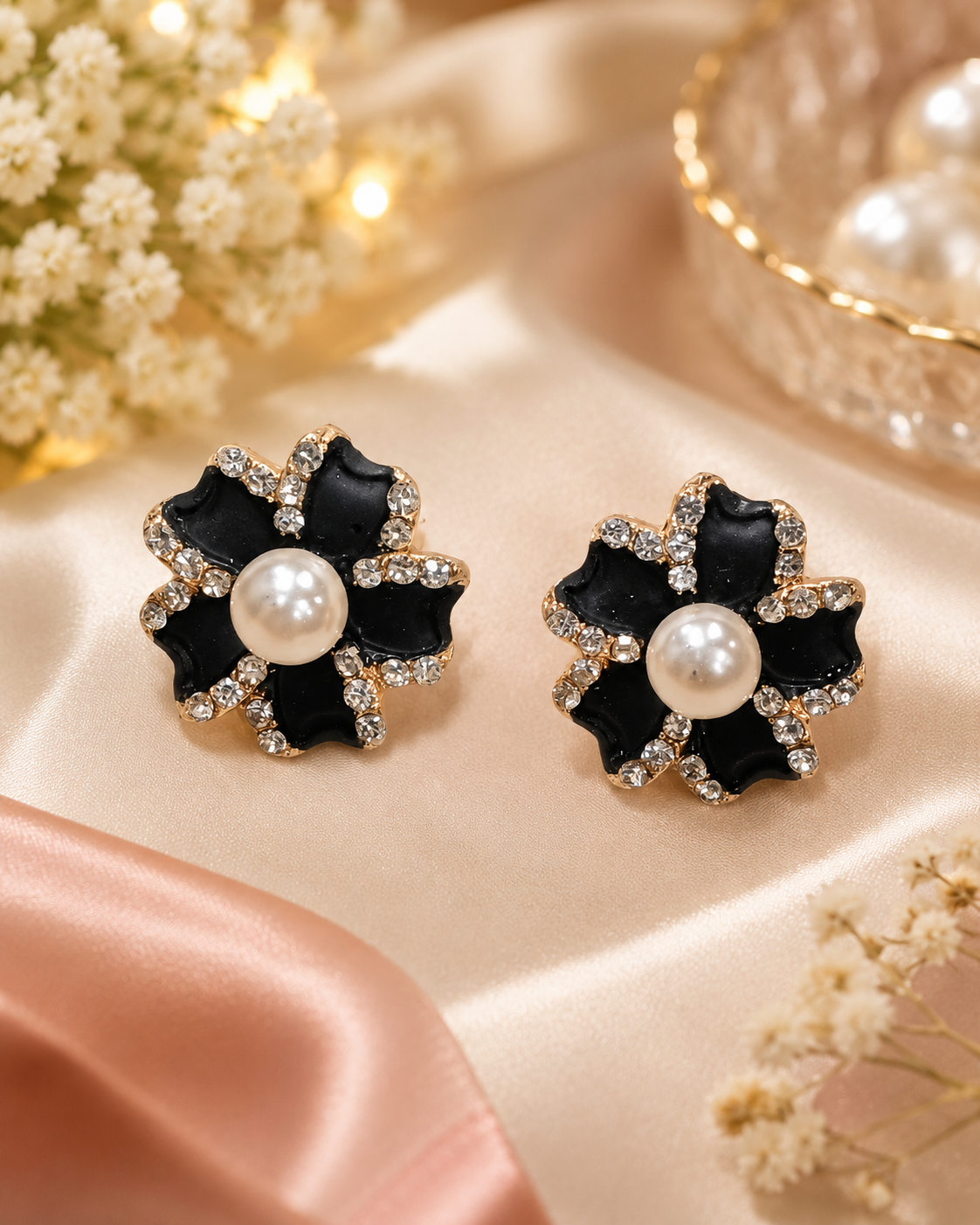 Black Pearl Floral Stud Earrings