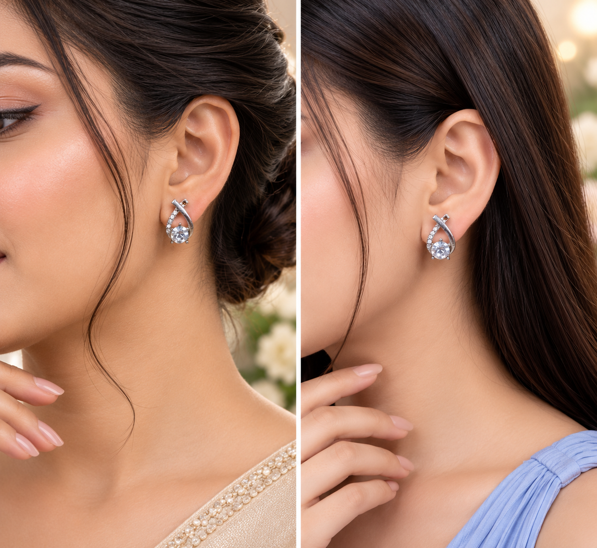 Silver Crystal Teardrop Stud Earrings