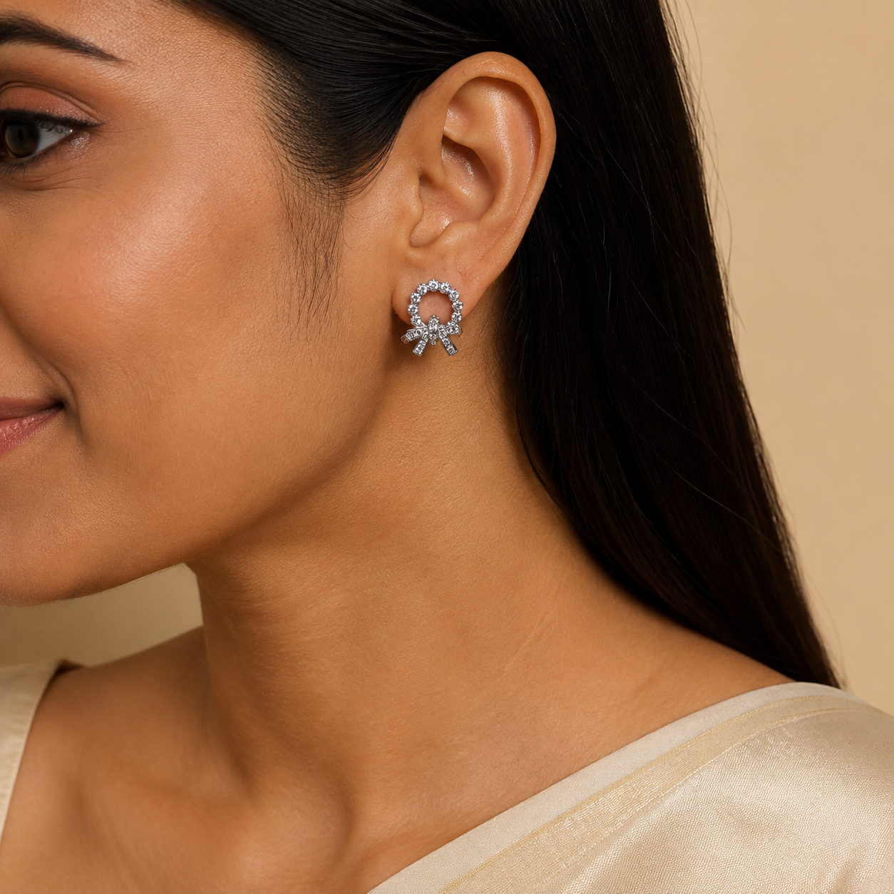 Silver-Tone Crystal Bow Circle Stud Earrings