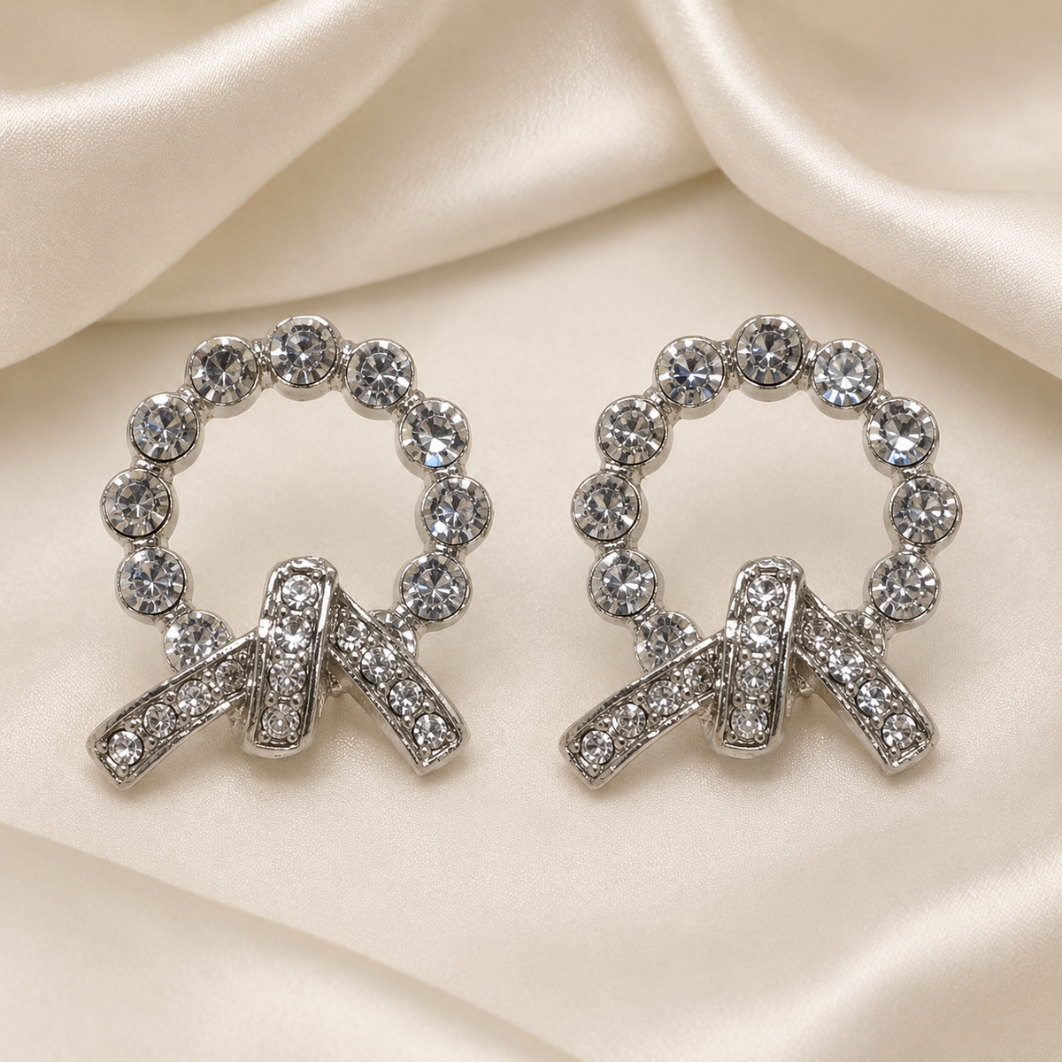 Silver-Tone Crystal Bow Circle Stud Earrings