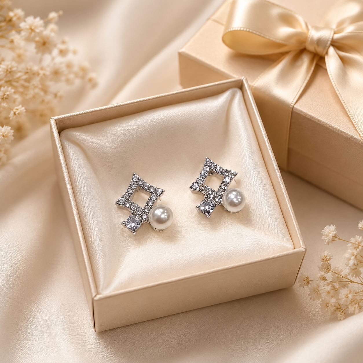 Pearl Square Crystal Stud Earrings