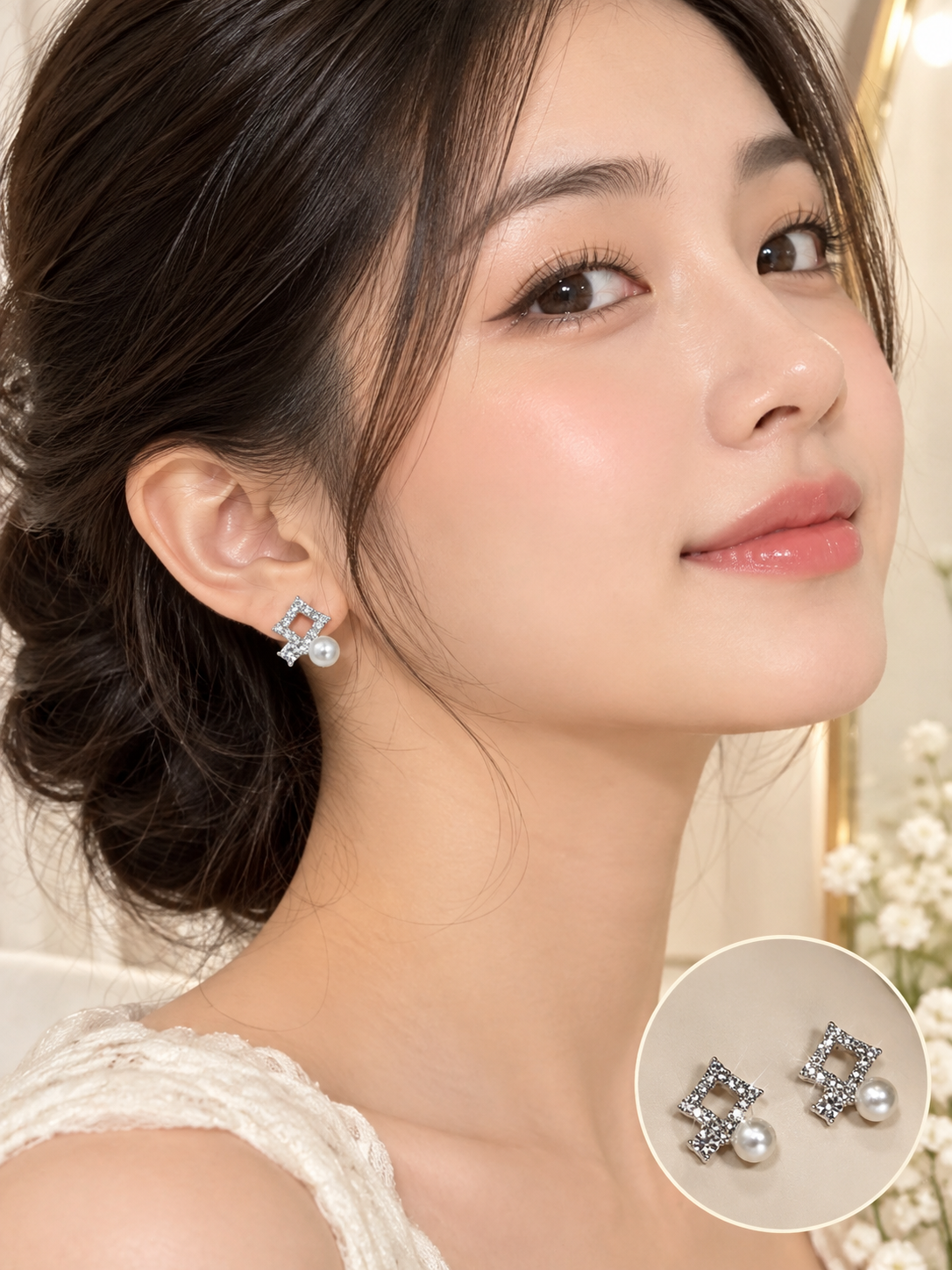 Pearl Square Crystal Stud Earrings