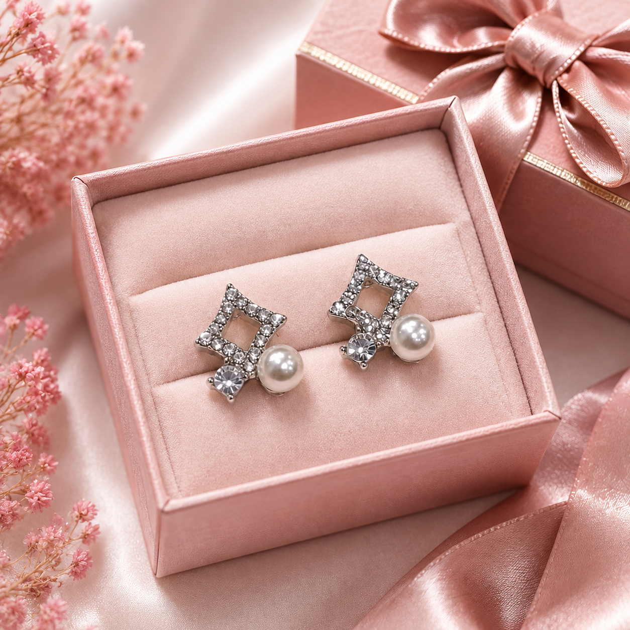 Pearl Square Crystal Stud Earrings