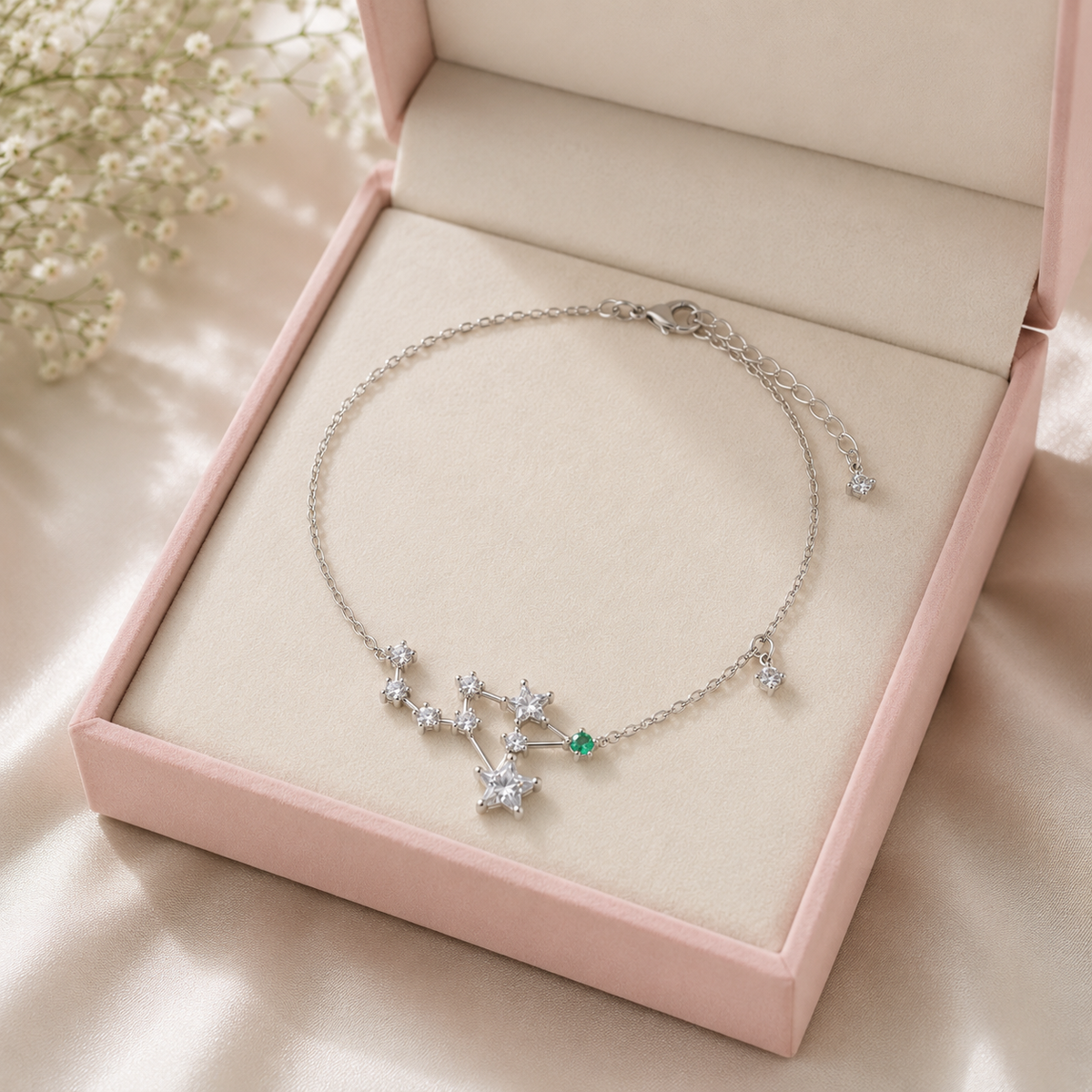 Silver Star & Emerald Crystal Anklet