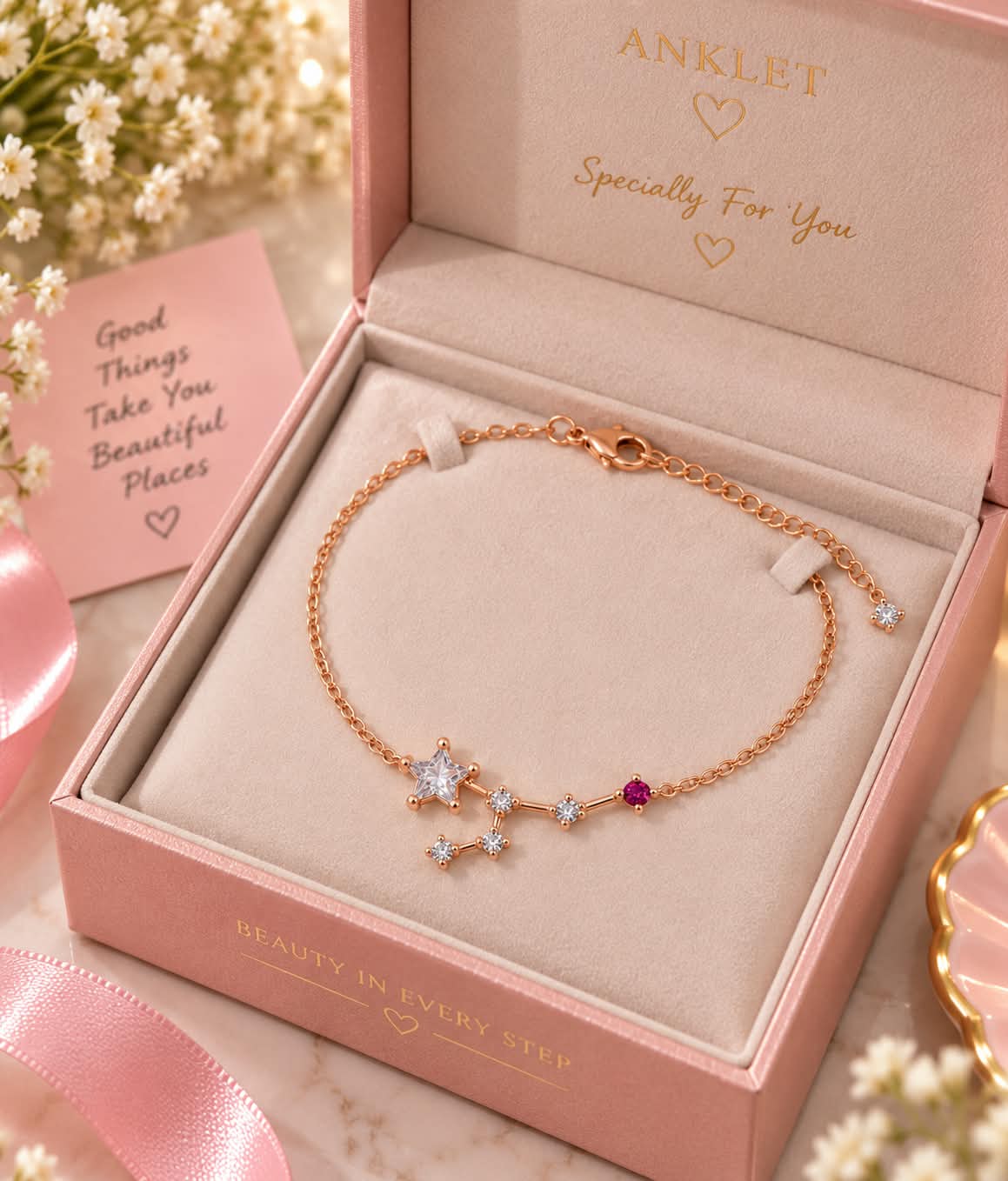 Rose Gold Floral Crystal Charm Anklet for Women