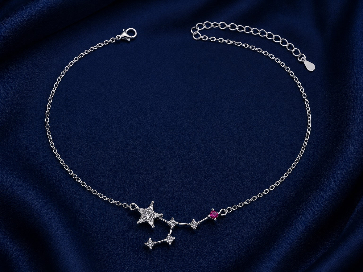 Silver Star & Pink Crystal Charm Anklet