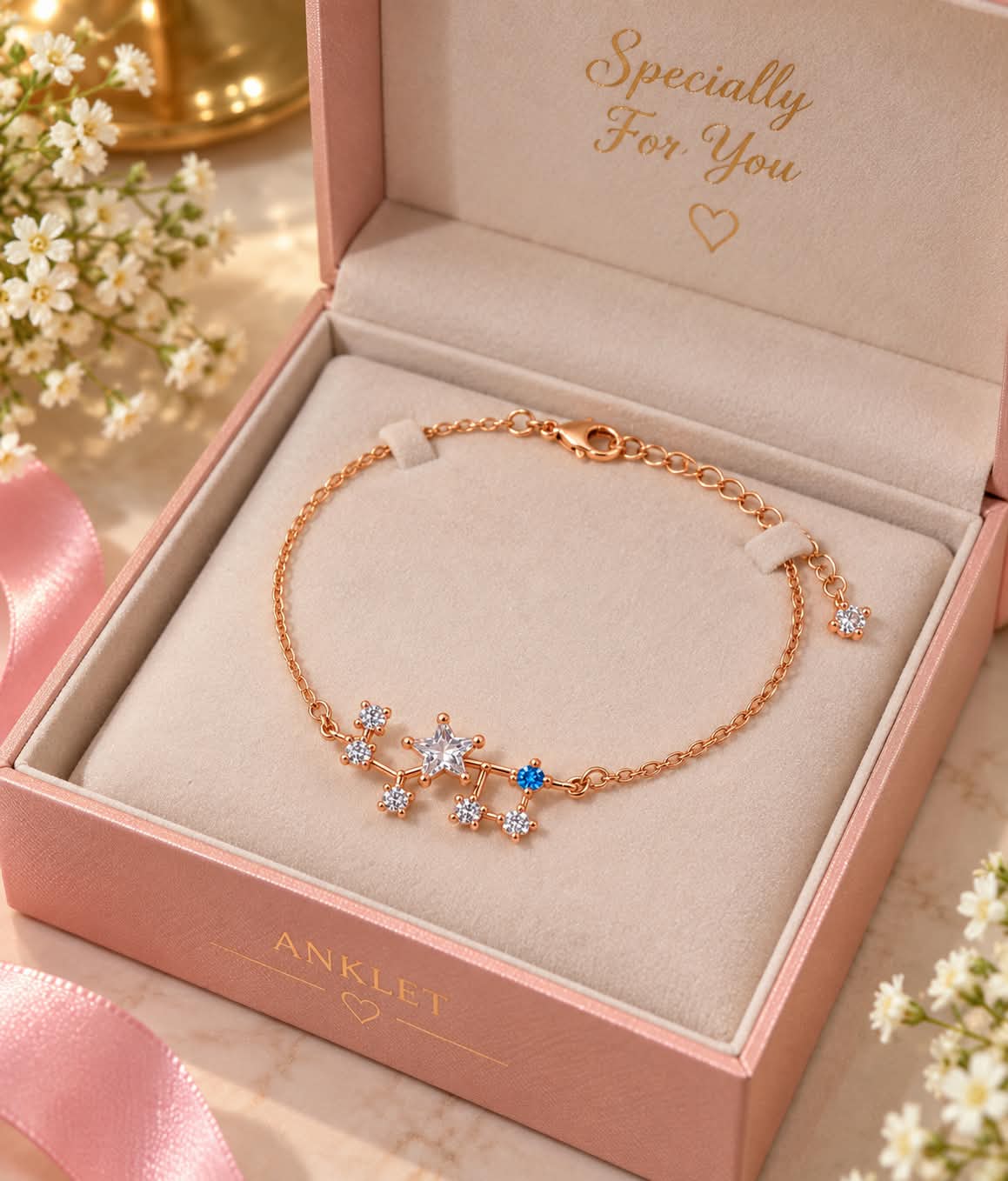 Rose Gold Floral Crystal Charm Anklet for Women