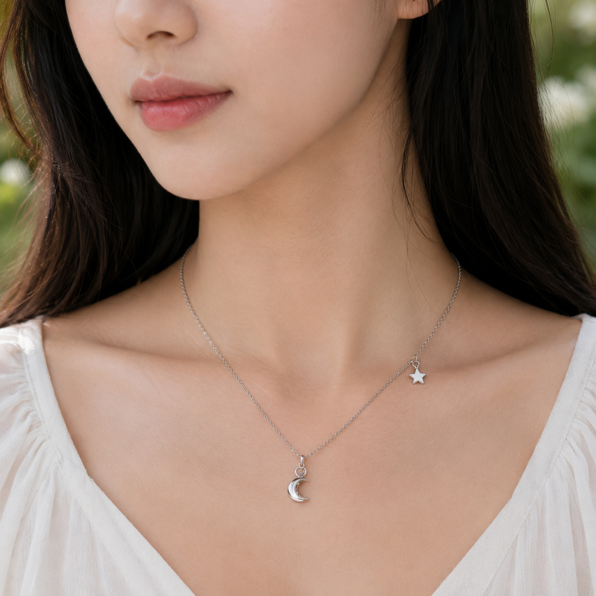 Silver Moon & Star Double Charm Layered Necklace
