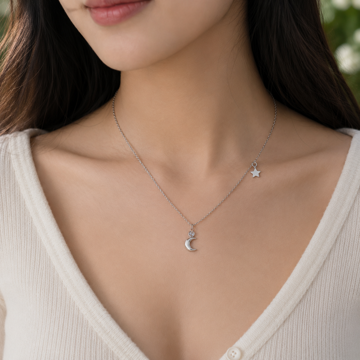 Silver Moon & Star Double Charm Layered Necklace