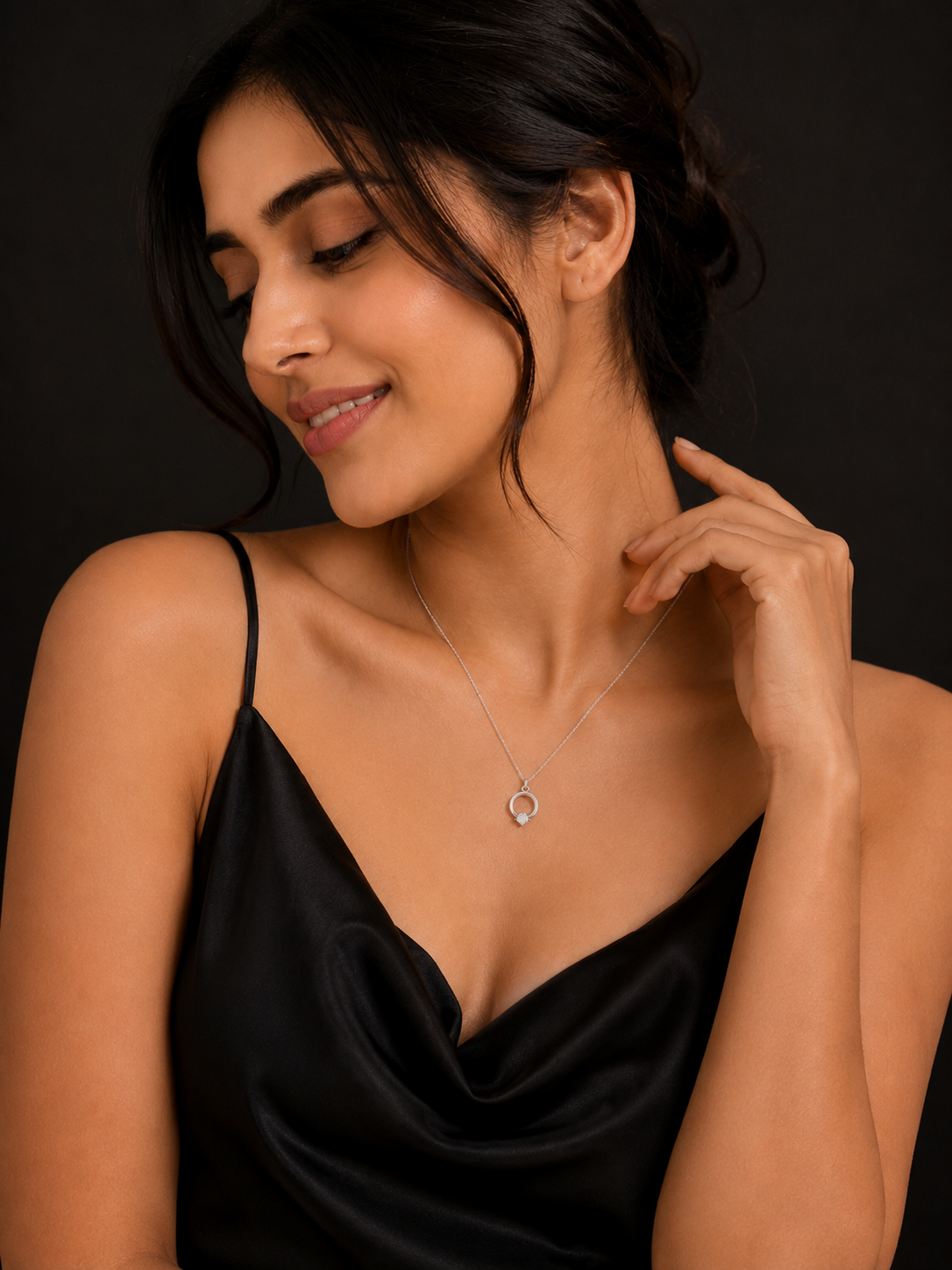 Elegant Silver Short Necklace with Ring & Crystal Pendant