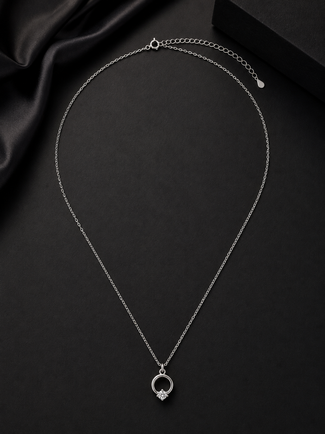 Elegant Silver Short Necklace with Ring & Crystal Pendant