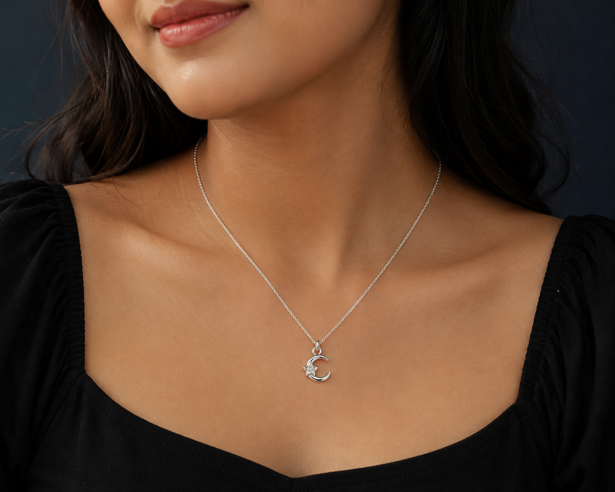 Elegant Silver Short Necklace with Crescent Moon & Star Pendant